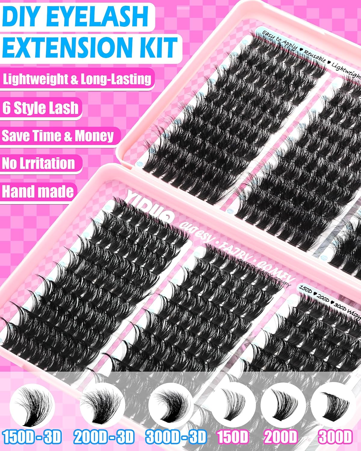 YIDUO 30D+40D+50D+60D+80D+100D+150D+200D+300D Lash Clusters Kit with 2X Bond and Seal 0.05mm Wispy D Curly 8-18mm Volume Soft and Comfortable False Lashes Extensions 1560pcs DIY Lashes Clusters Kit