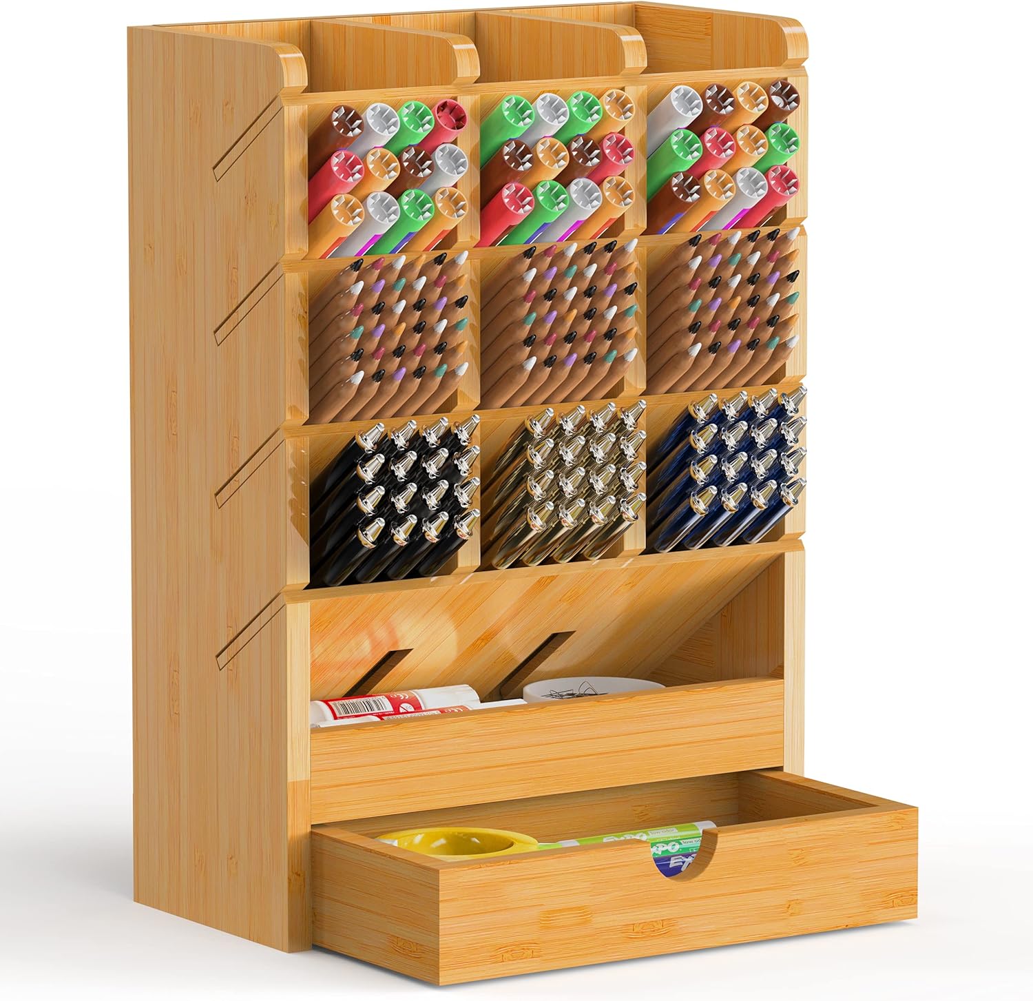 Bamboo Desk Organizer, Multi-Functional DIY Wooden pencil holder with 14 Compartments for Home Office Art Supply by FURNINXS : Office Products