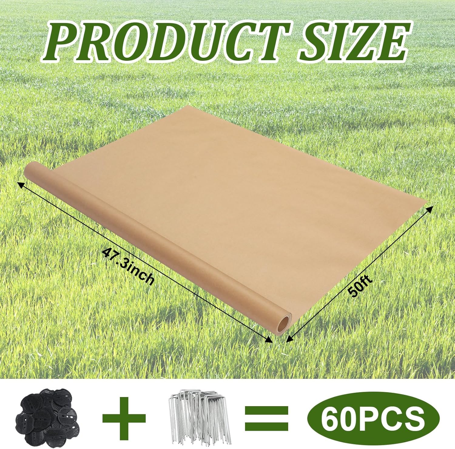 50 x 4 Ft Biodegradable Paper Weed Barrier Garden Paper Weed Barrier with U-Shaped Ground Nails Biodegradable Landscape Fabric Garden Mulch Rolls for Weeds Outdoor Lawn