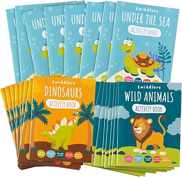 THE TWIDDLERS 48 Mini Colouring Activity Books for Kids, A6 Size - Learning Safari Dinosaur and Sea Animals for Children Birthday Party Favours Bag Fillers for Toddlers Travel Activities - Ages 4-8