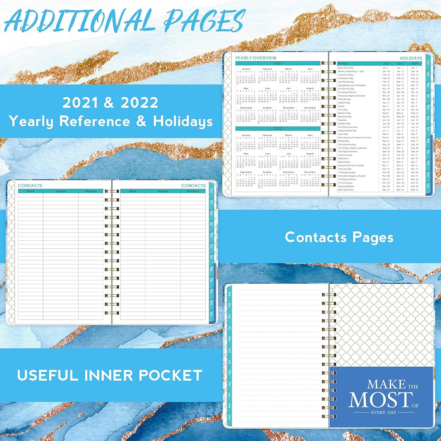Planner 2021- Weekly & Monthly Planner, 8.43" x 6.3", January 2021 - December 2021, Flexible Spiral Hardcover with Strong Golden Binding, Elastic Closure, Coated Tabs, Inner Pocket