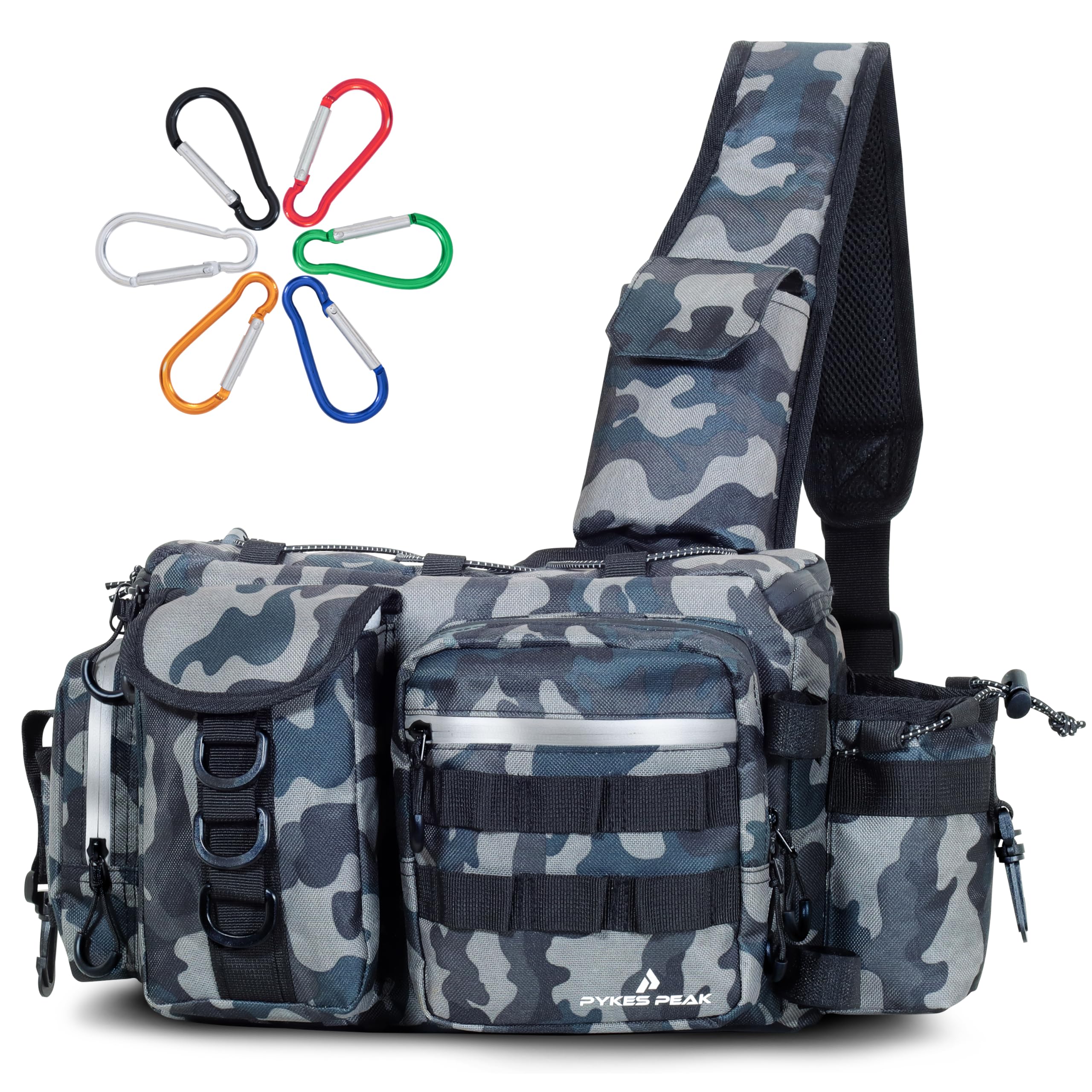 PYKES PEAK Fishing Bag | Waterproof Tackle Bag with Large Capacity | Includes 6 Carabiners | Versatile Fishing Shoulder Bag | Camouflage Grey | L Size - Designed in Japan (Camouflage Grey, Large)