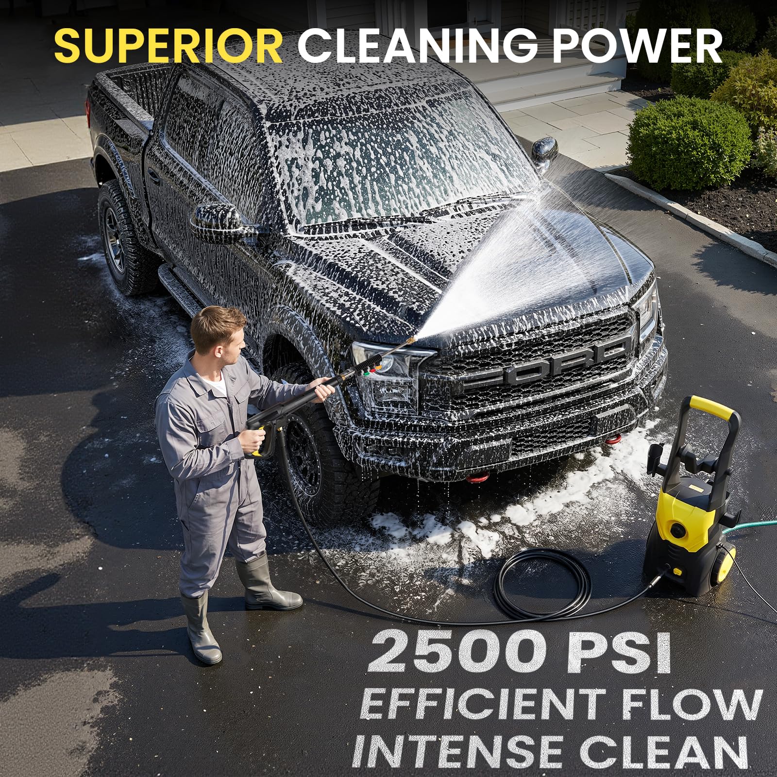 2500W Idropulitrice Professionale, Max 200 Bar, con Schiuma, 4 Ugelli e Tubo 10m, Portata di Pulizia di 500L/H,per Auto, Patio, Vialetti, Recinzioni, Pavimenti, Colore Giallo