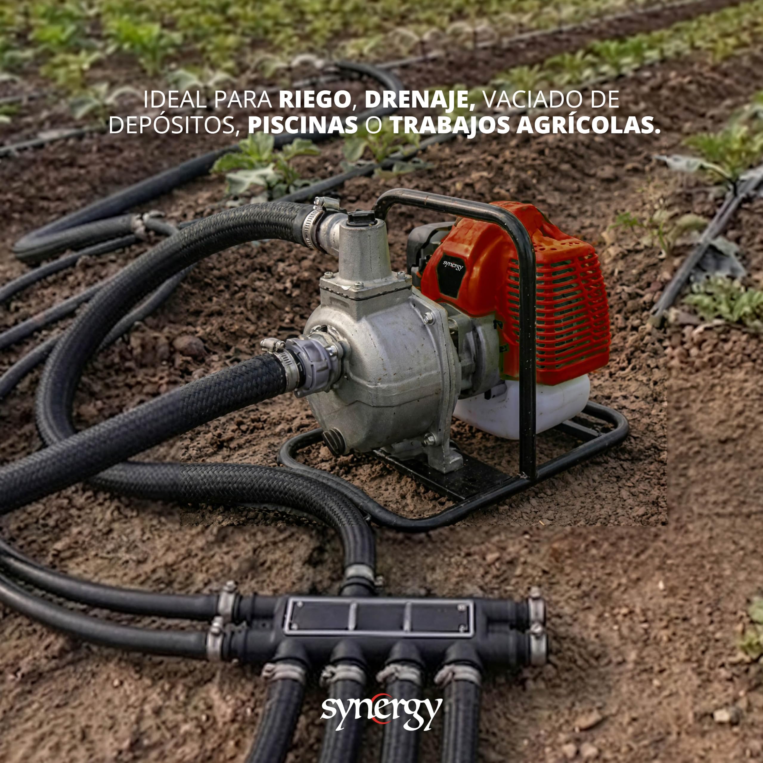 Synergy Motobomba de Gasolina Profesional 2T – Motor 52cc 1,95CV – Caudal 7.000L/h, Altura 24m, Succión 7m, Paso 25mm – Ligera, Compacta y Resistente – Ideal para Riego y Drenaje