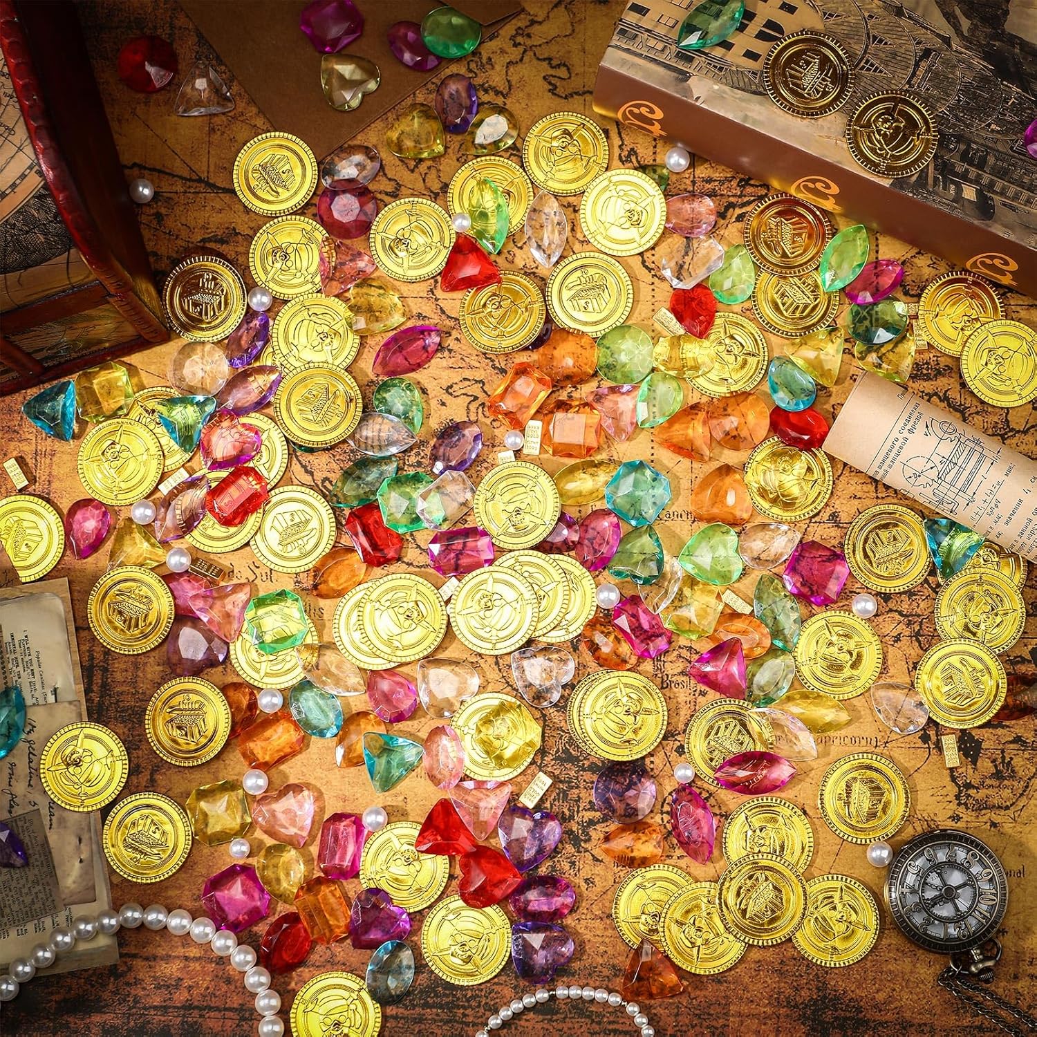 Seenelling 330 Pcs Pool Toys Pirate Treasure Fake Coins Plastic Acrylic Colored Gems Fake Gems Mini Gold Bars for Summer Beach Bath Toys Halloween Pirate Adventure Party Decorations