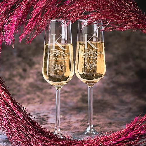 Miniatura 4 de Juego de 2 copas de champán personalizadas para boda, copas de champán personalizadas para novia y novio, nombre de boda, fecha de boda, apellido,
