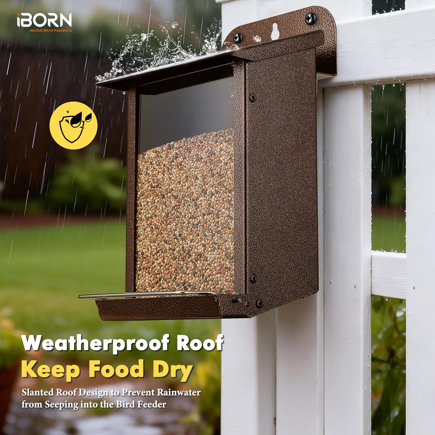 iBorn Bird Feeder for Outdoors, Wall Mounted Bird Feeder Weatherproof Metal Roof, Heavy Duty Metal Birdfeeder for Tree, Fence, Wall Screwed-in Mounting, All Detachable Easy Clean,1.3Lbs, Coffee