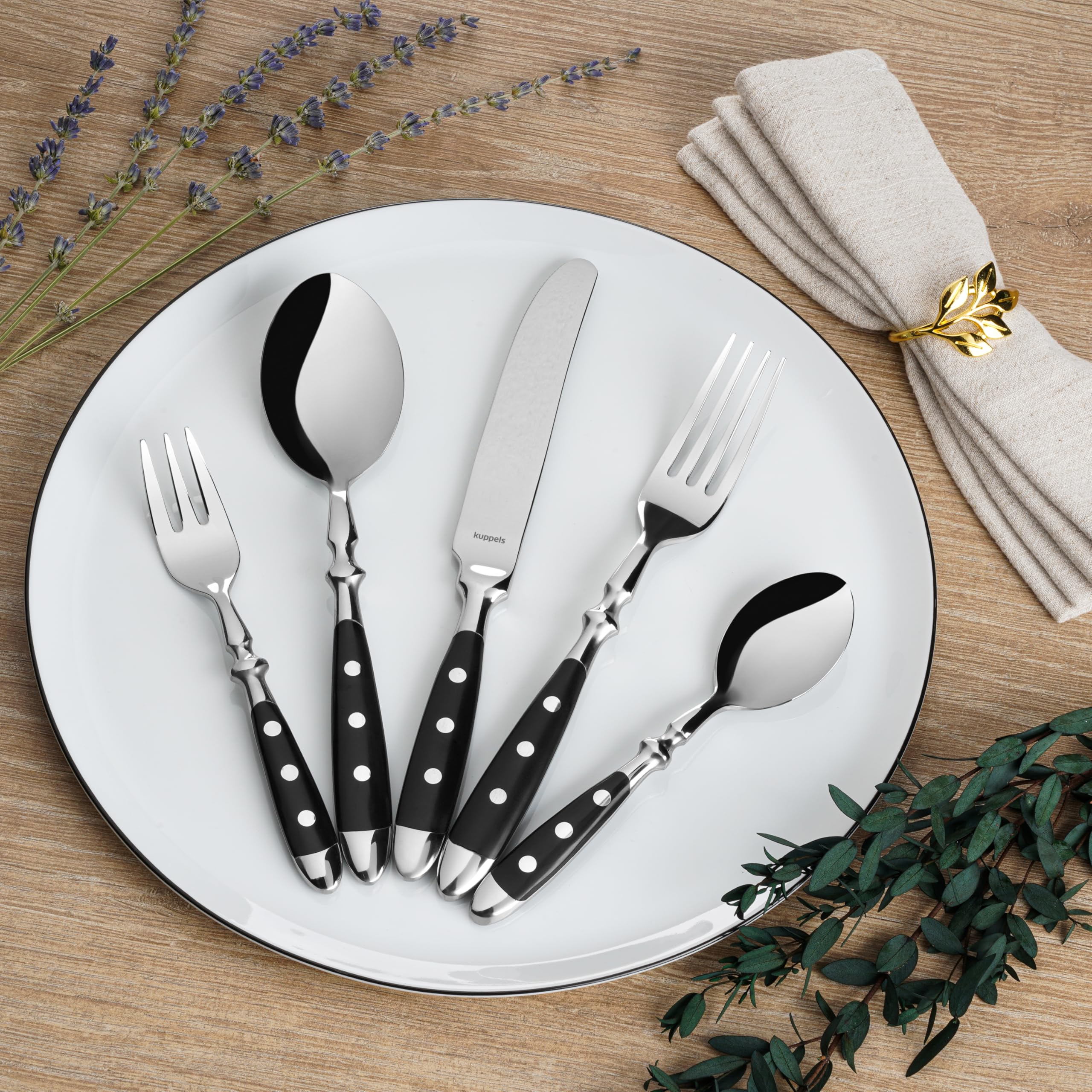 Kuppels COUNTRY - Cubertería para 6 personas, 30 piezas, 6 cuchillos, tenedores, cucharas, cucharas de café, tenedores de postre, acero inoxidable 18/0 pulido brillante, apto para lavavajillas, asas