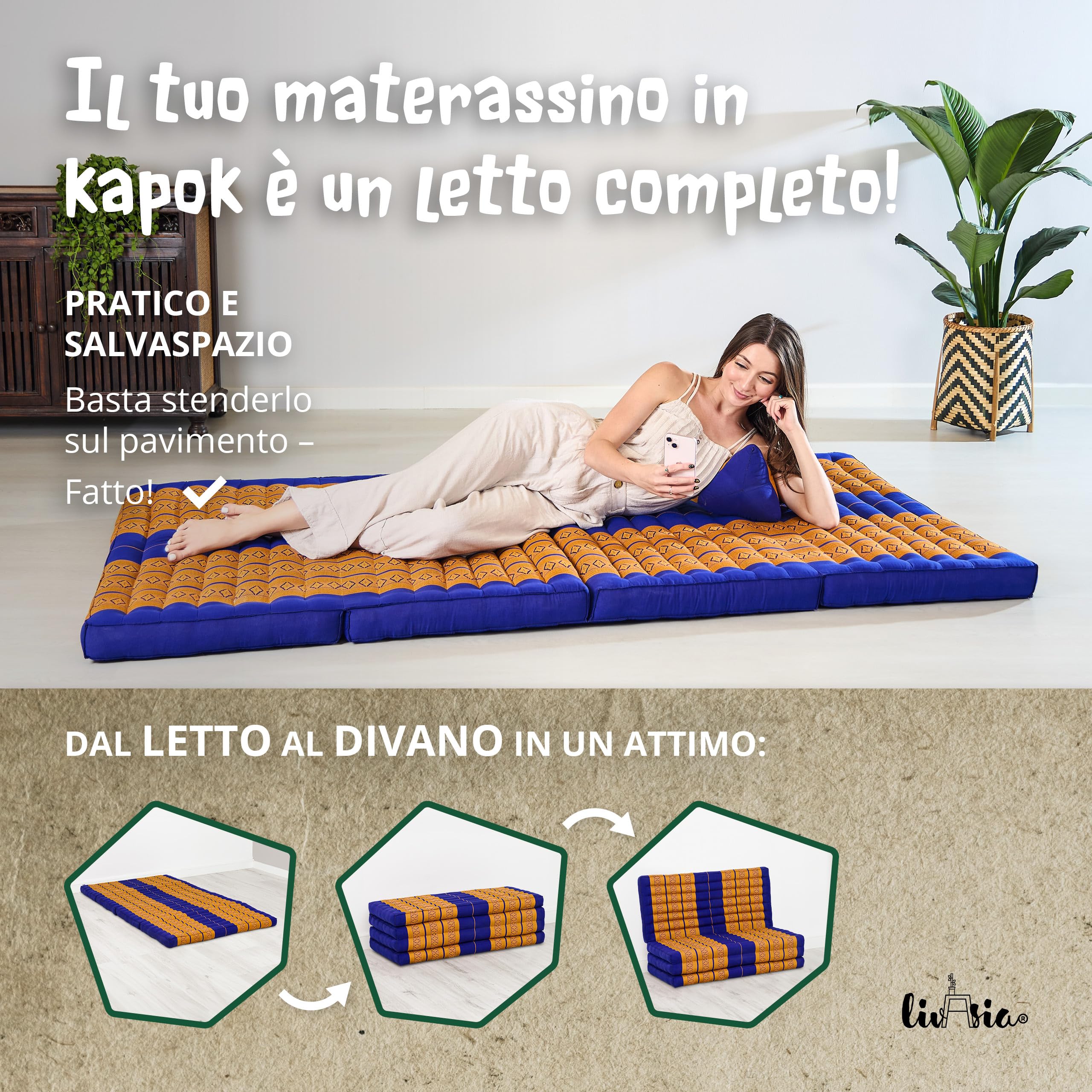 livasia Materasso pieghevole sostenibile in kapok - 200x110x8cm - materasso largo per gli ospiti, materasso pieghevole, tappetino yoga, letto per gli ospiti, lettino giardino balcone (Blu/Giallo)