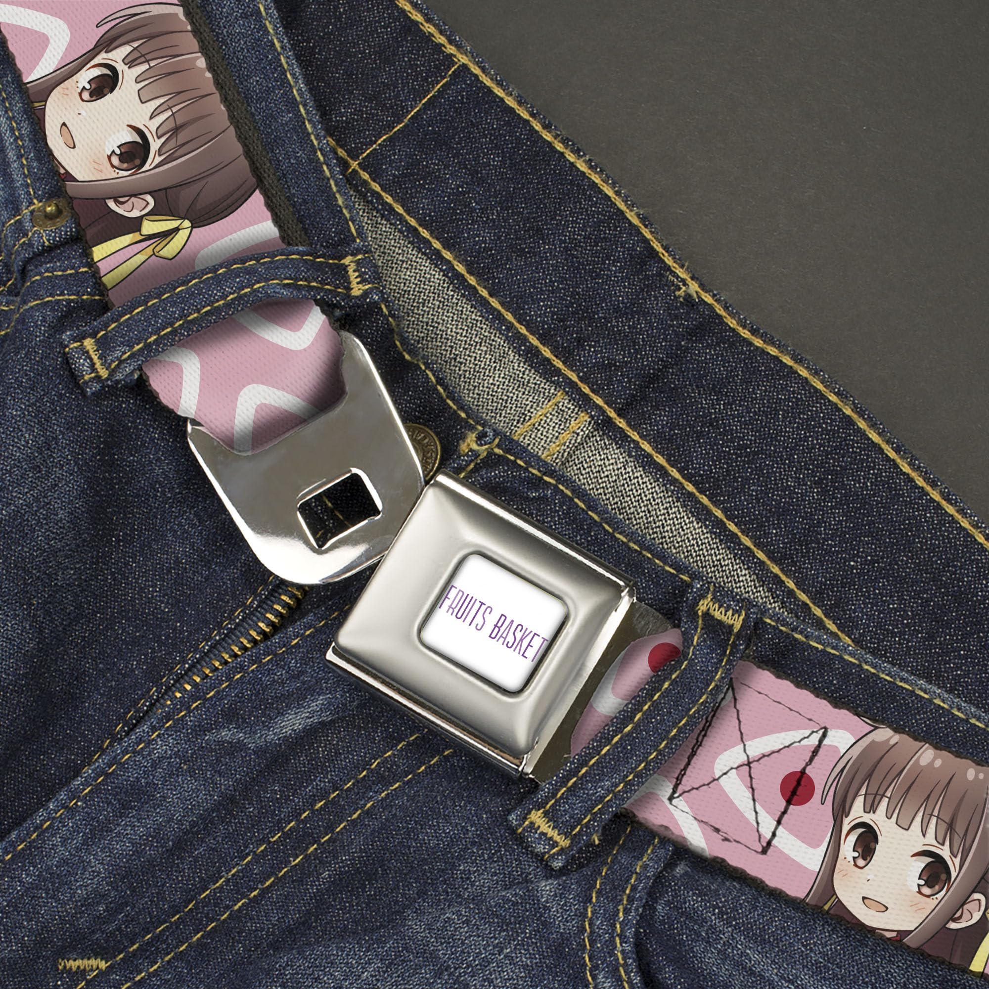 Crunchyroll Belt, Seatbelt Buckle Belt, Fruits Basket Chibi Tohru Honda and Kimono Rice Ball Pink, Youth 20 to 36 Inches