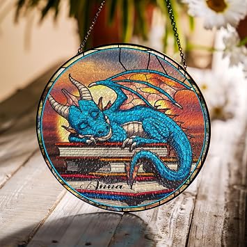 Custom Book Dragon Suncatcher Ornament, Fantasy Stained Glass Window Hanging, Wall Art Decoration, Bookish Home Decor Dragon 7