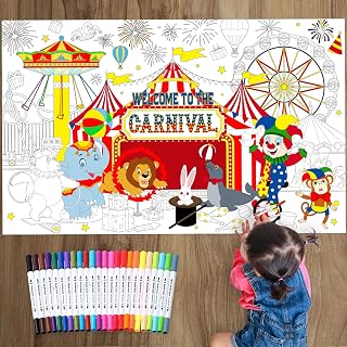 Faccito Carnival Coloring Poster with 24 Watercolor Markers 50.4 x 31.5 Inch Giant Poster Jumbo Circus Craft Coloring Banner Table Cover for Carnival Clown Birthday Activity Party Supplies