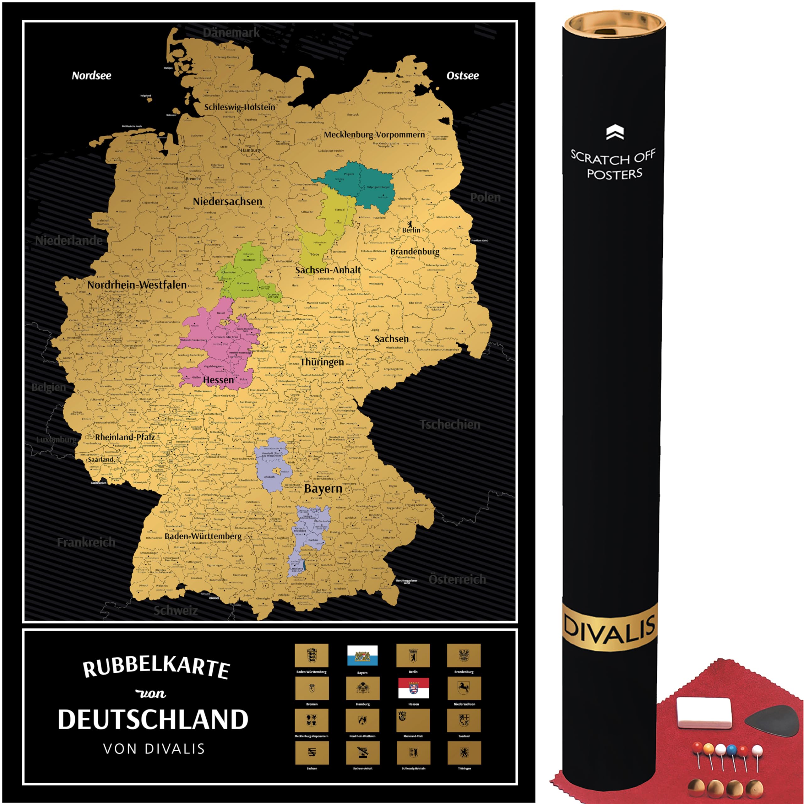 Rubbelkarte von Deutschland mit Kratzerset - Rubbel Landkarte von Deutschland - Poster als Geschenk - Deutschlandkarte in Schwarz und Gold - Scratch off Germany Map Poster