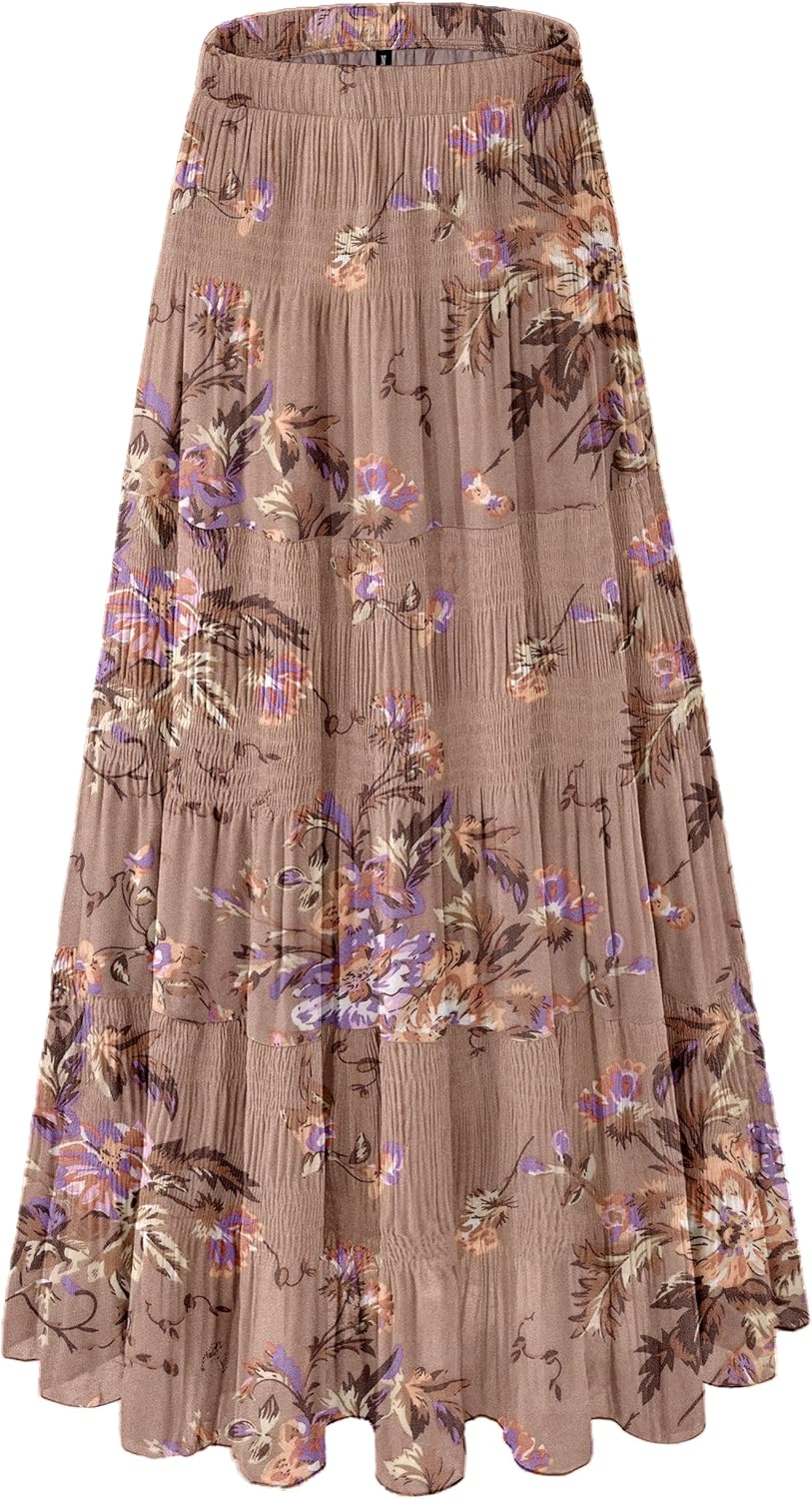 Women's Chiffon White Flowy Maxi Skirts Boho Fall Elastic Waisted Pleated A Line Long Skirt for Women 2025