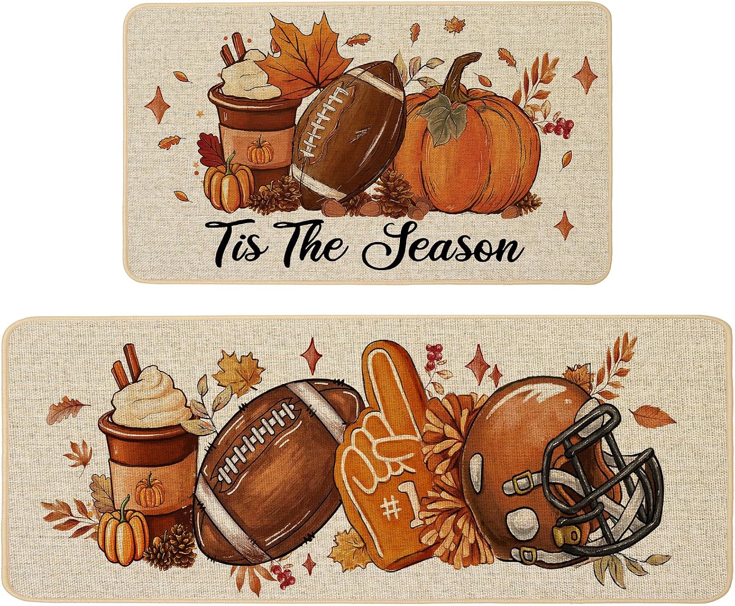 Baccessor Fall Pumpkin Kitchen Rugs Set of 2,Tis The Season Autumn Football Thanksgiving Farmhouse Mats Washable Non Slip Low-Profile Indoor Floor Holiday Hallway Sink Decor 17x29 and 17x47 Inch