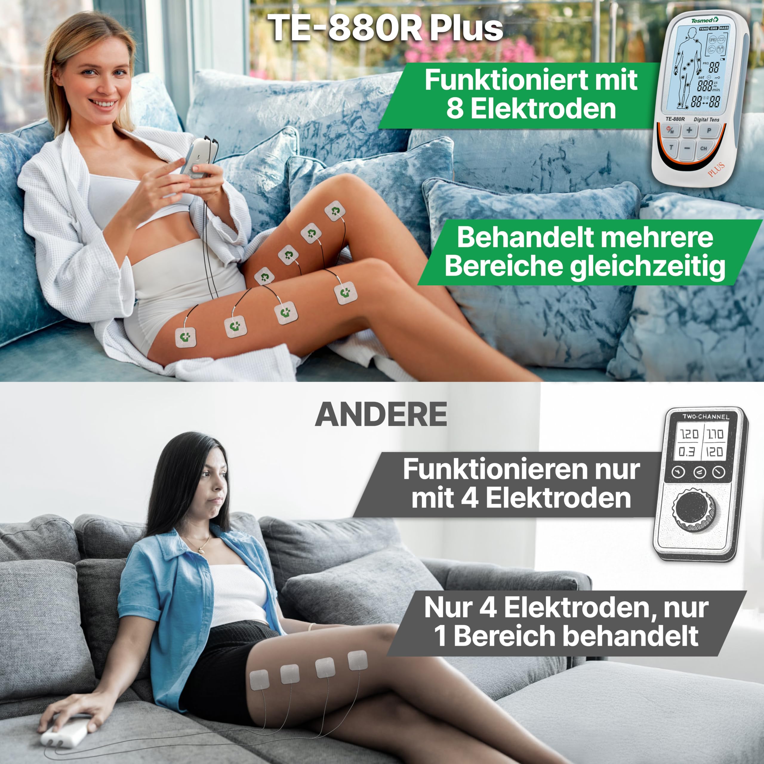 Besuche den TESMED- TESMED TE-880R Plus TENS EMS Gerät: Wiederaufladbarer Muskelelektrostimulator, Reizstromgerät mit TENS Gerät Schmerztherapie, EMS & Massagefunktion, 73 Programme (2 anpassbar), 8 Elektroden in use