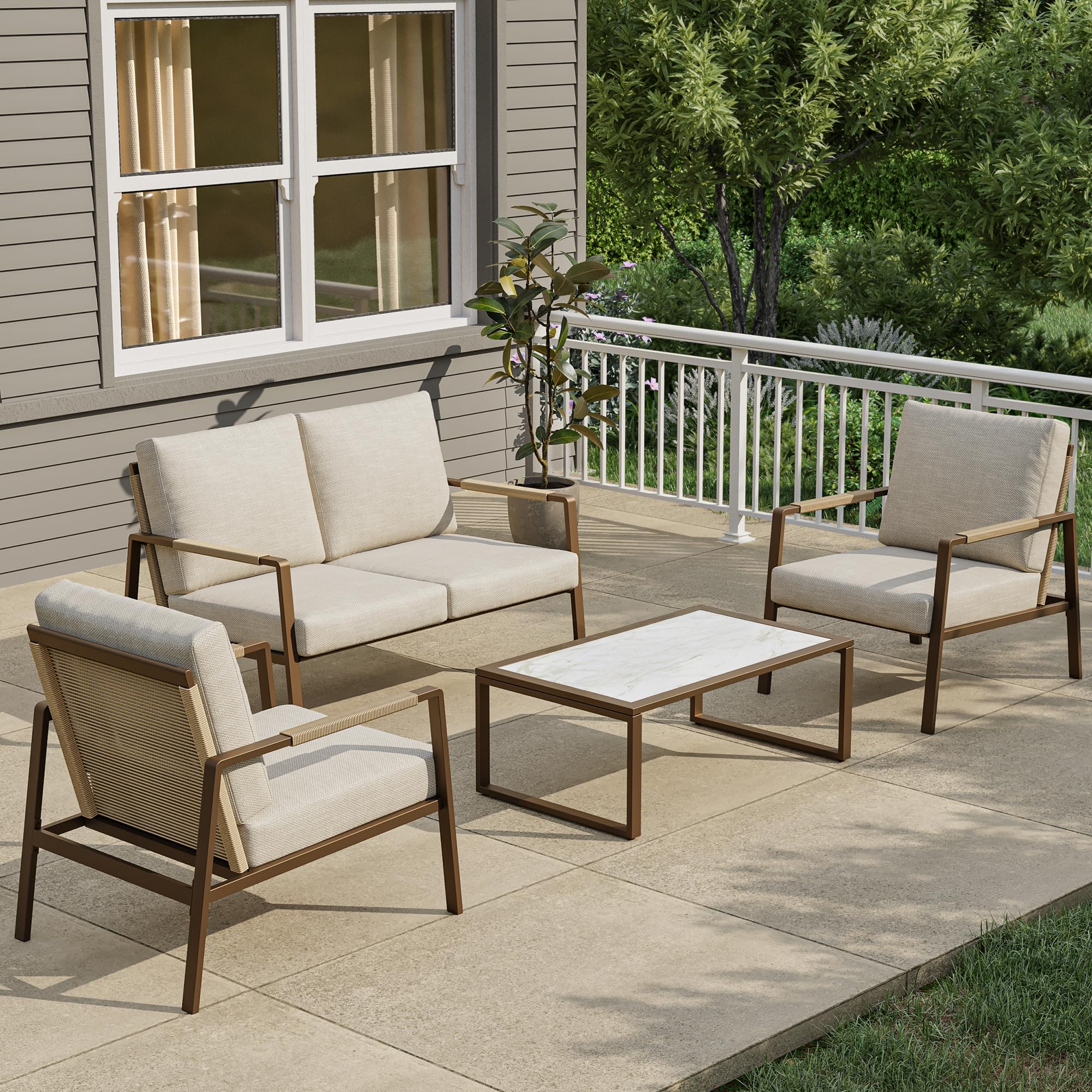 Photo 1 of ***MISSING PARTS***
East Oak 4-Piece Outdoor Patio Furniture Set, Patio Conversation Sets with Thick Cushions,Waterproof Outside Seating Furniture with Rattan Armrests, Loveseat and Coffee Table for Backyard, Apricot