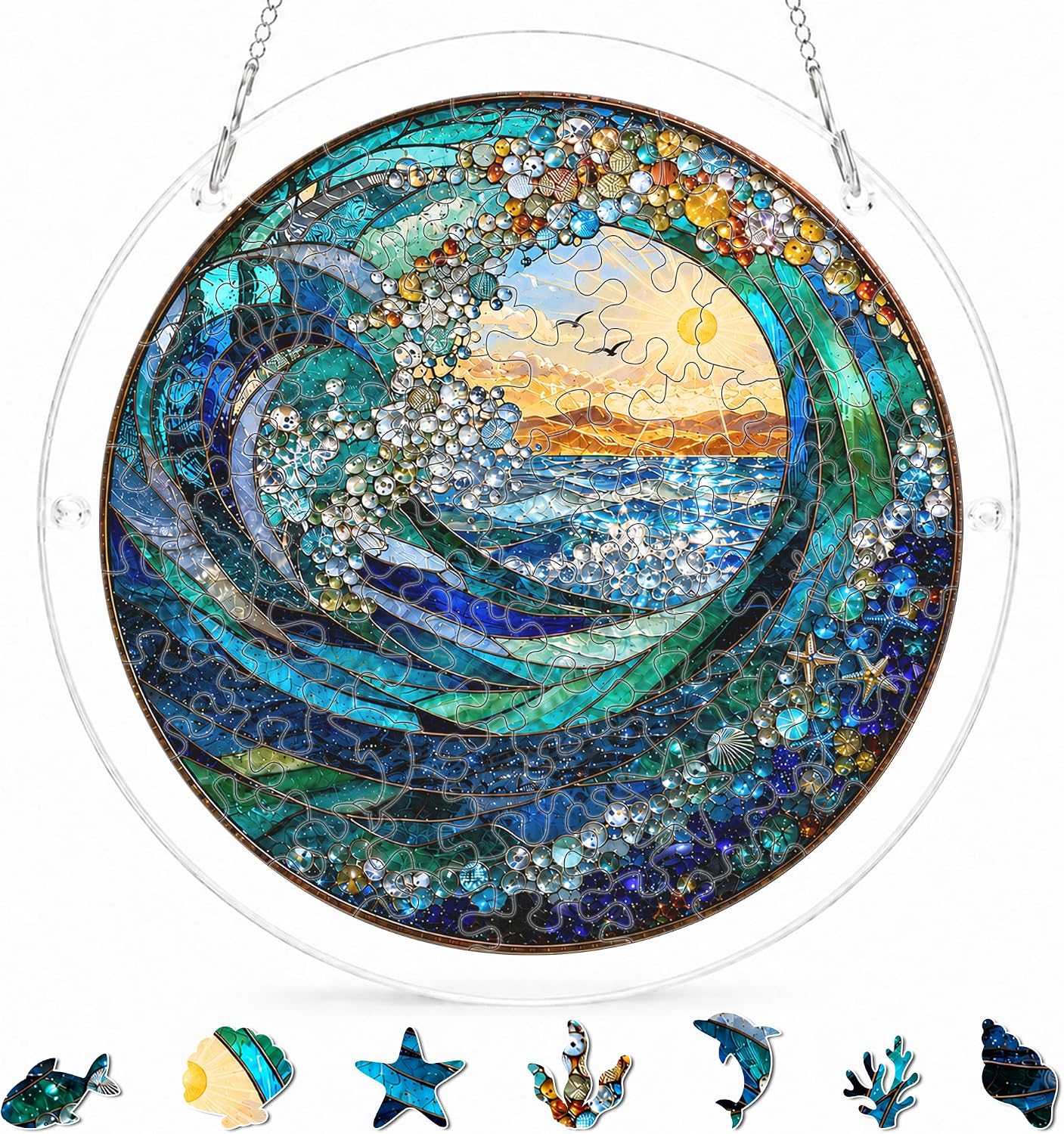 Acrylic Puzzle Suncatcher Ocean Wave Suncatcher 9 in, Beach Style Blue White Window Hanging Sun Catcher, Home Garden Decor Gift for Women Mom Wife Friends, Sea Lover Birthday Gifts