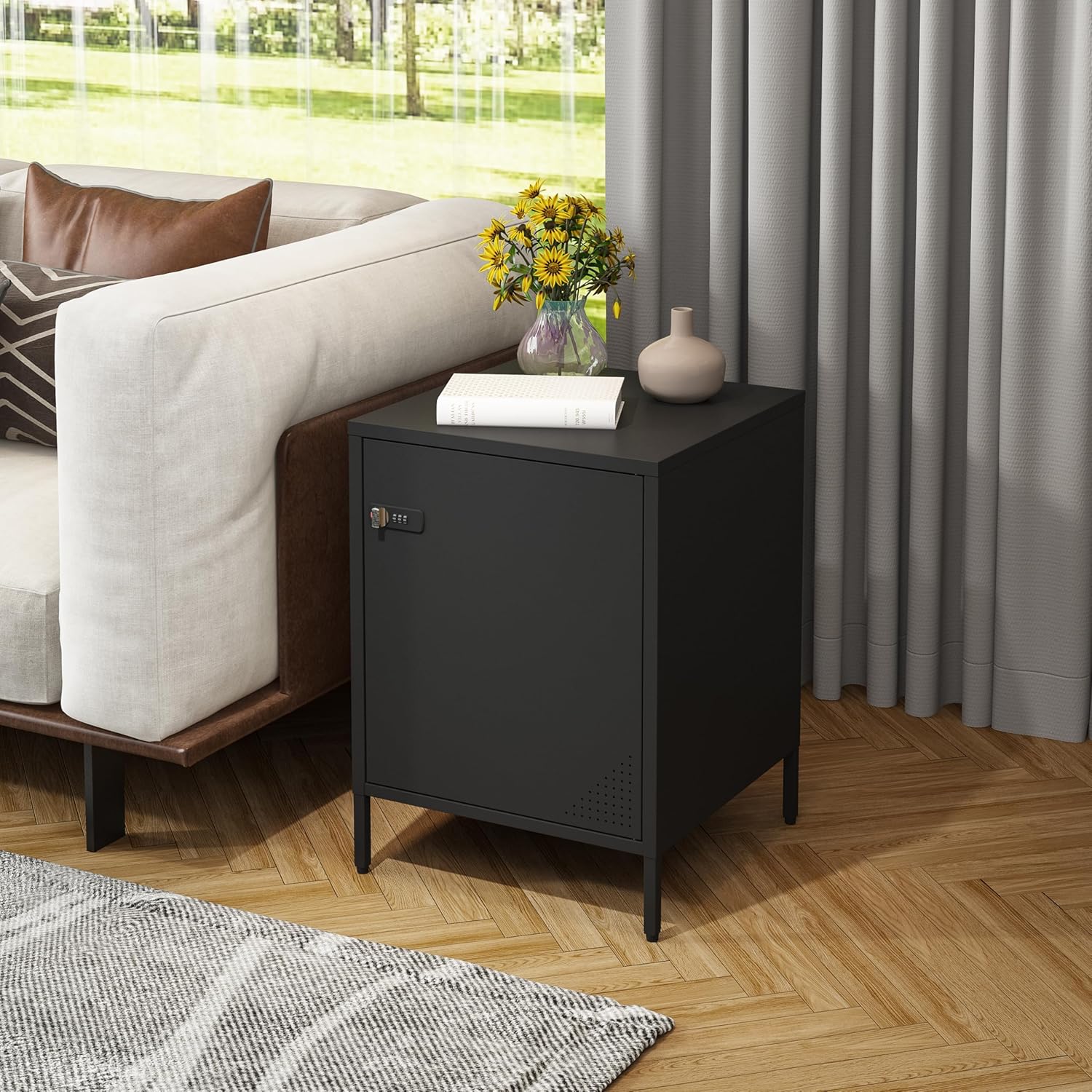 Steehoom Locker Nightstand with Lock and Adjustable Shelf, Dorm Lockable Cabinet Metal Bedside Table with Digital Combination Lock, Secure Storage End Table for Bedroom Office (Black)