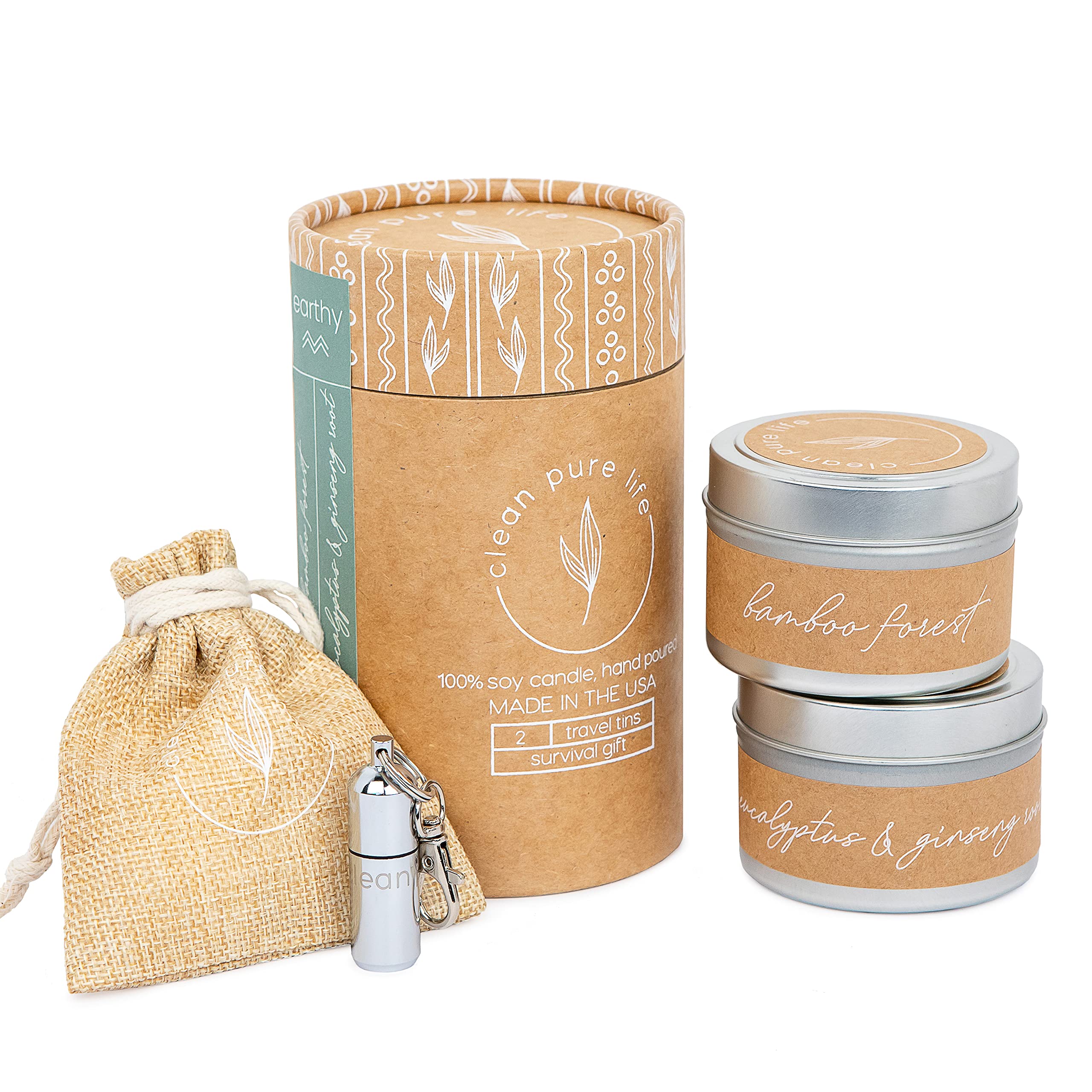 100% Clean Burning Soy Candle Tube Set Earthy Collection (Set of 2) 2.7oz Travel Tin Candles (Bamboo Forest + Eucalyptus & Ginseng Root) Survival Gift Included, Hand Poured in The USA