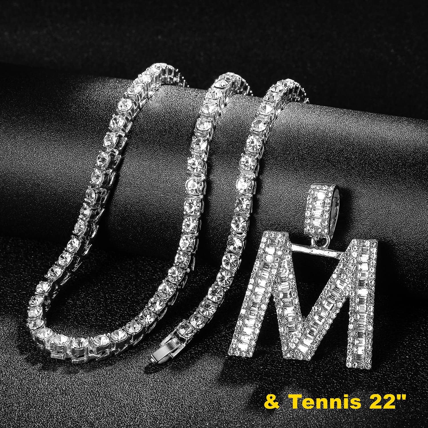 HH Bling Silver Gold Iced Out Baguette Initial Letter Necklaces for Men Women, Big Cz Diamond Capital Letter Pendant A-Z with Rope Tennis Chains - Image 4