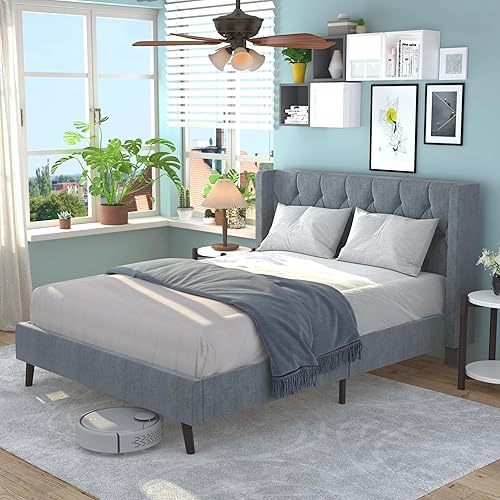 Miniatura 4 de Chenoa Base de cama tapizada tamaño matrimonial con plataforma copetuda con cabecera con respaldo de ala, base de colchón de listones de madera, no