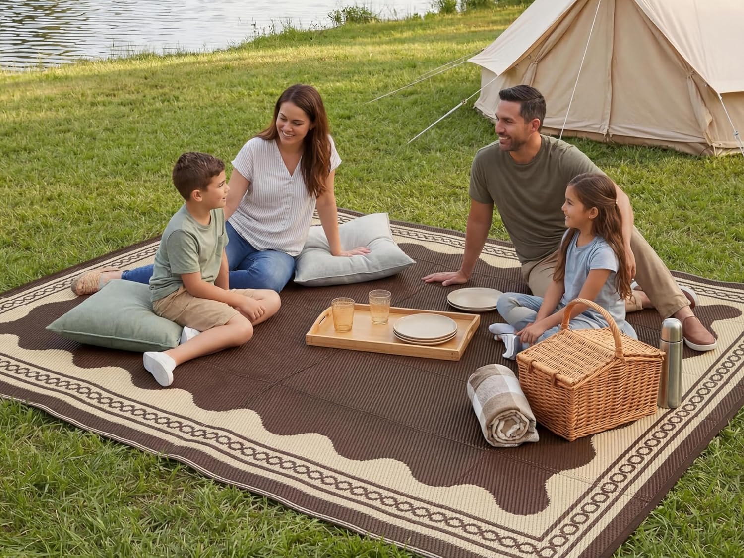 GlowSol Waterproof Outdoor Rug 8×10ft, Scalloped Foldable Plastic Straw Patio Camping Rug, Outdoor RV Carpet for Deck Camper Porch Balcony Backyard Picnic Beach Peony Brown & Coffee