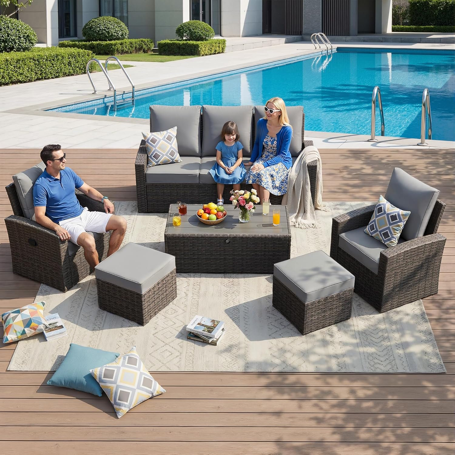 Outdoor Patio Furniture Set-6 All-Weather Wicker Outdoor Furniture with Patio Recliner Chairs Adjustable Back Outdoor Patio Conversation Sets for Garden Porch Deck Grey