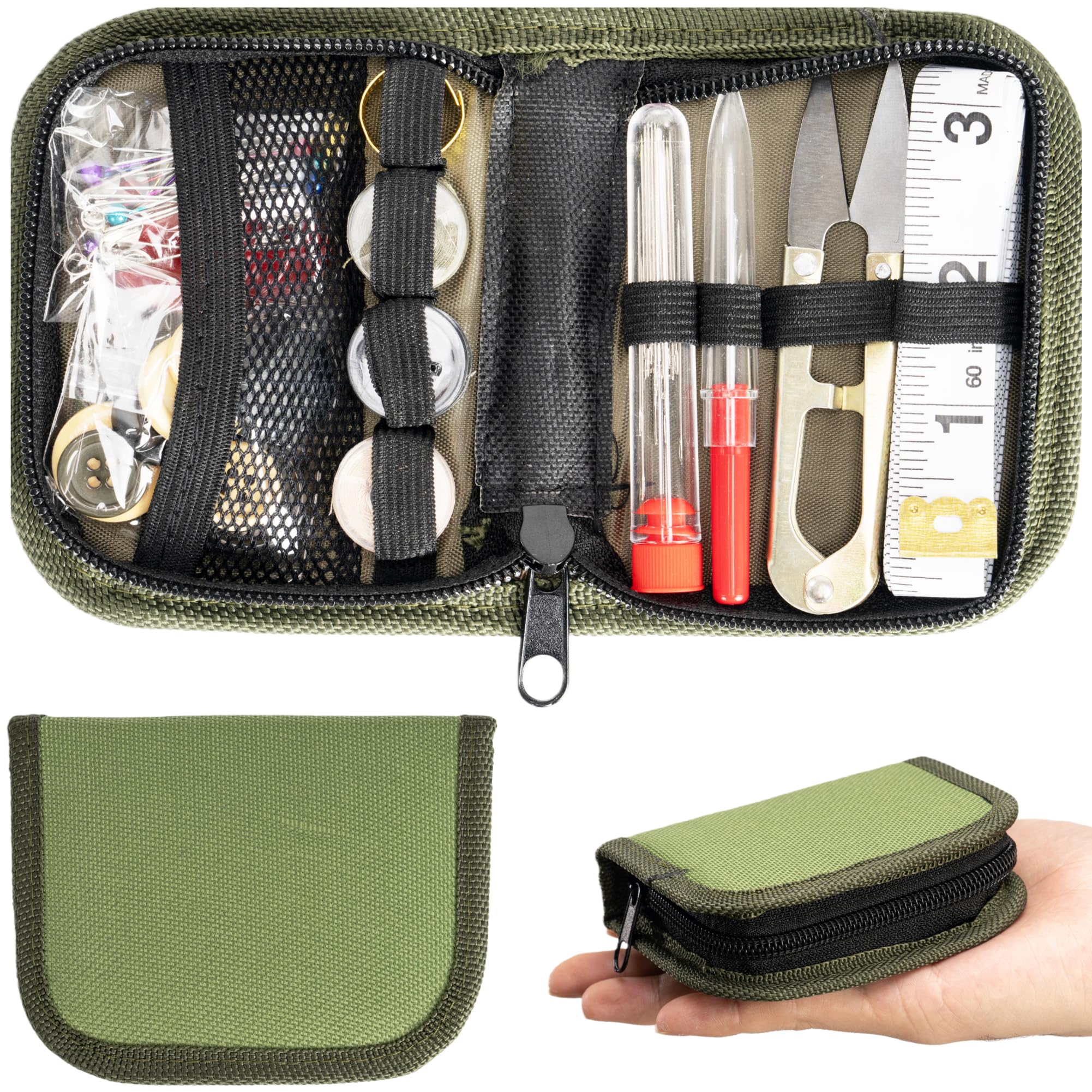VEPKOIT Military Survival Sewing Kit, Portable Sewing Kit with Buttons for Men or Women, Small Repair Tools with Zipper Closure in Durable Nylon Case for Travel Field Emergency (Army Green)