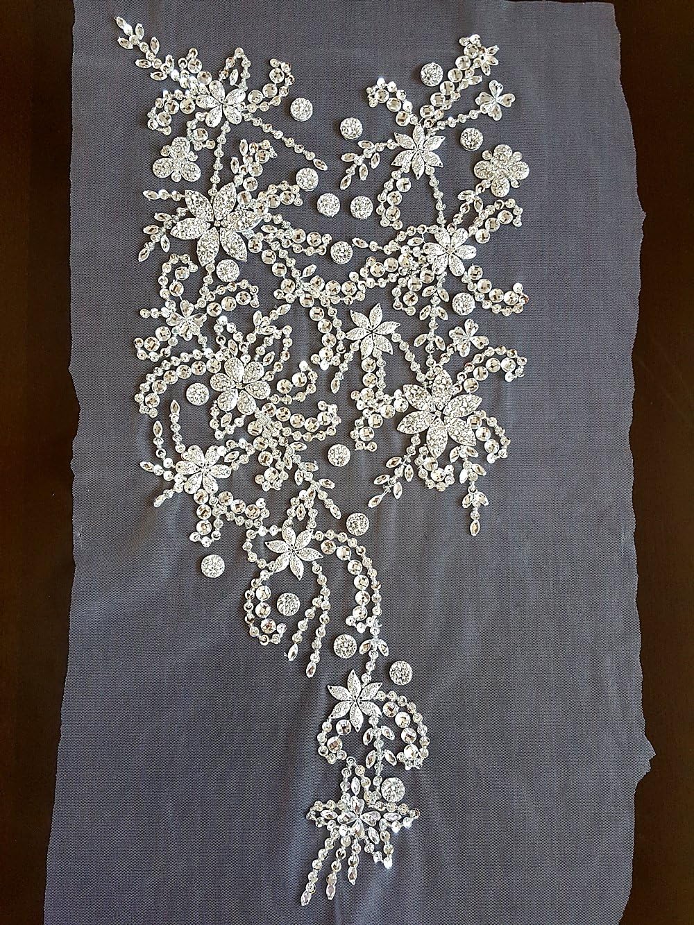 Noble Pure Handmade Beaded Crystal Patches Sew on Rhinestones with Stones Sequins Beads Applique Designs Patches Sewing for DIY Wedding Dress Trim 30x60cm (Silver Color)