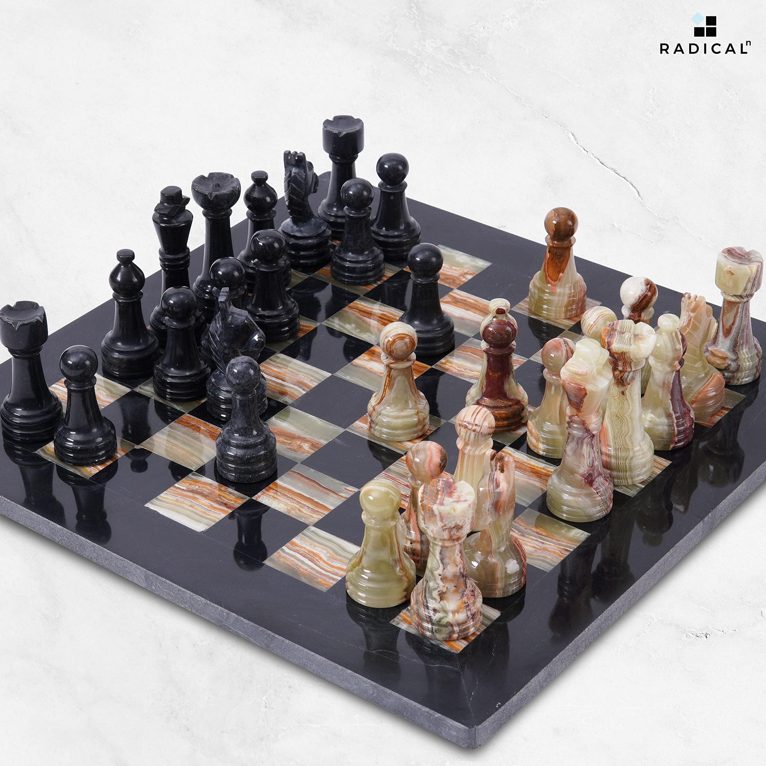 Radicaln Set di scacchi in marmo, 38 cm, nero e verde multicolore, fatto a mano, 1 scacchiera e 32 pezzi di scacchi, set di scacchi per 2 giocatori per adulti, gioco da tavolo