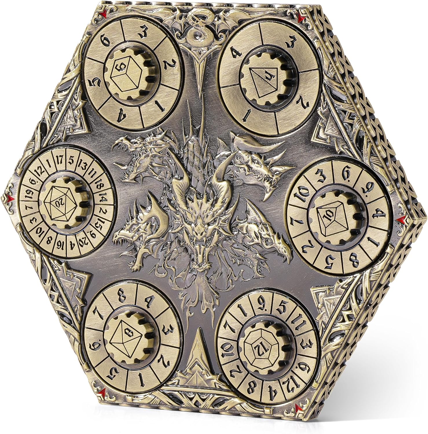 Kabinka DND Dice Set, 7 in 1 Metal Spin-Dial Dice with Storage Bag, Portable Celtic Knot D&D Dice for D4/D6/D8/D10/D12/D20 Role Playing Board Games (Bronze)