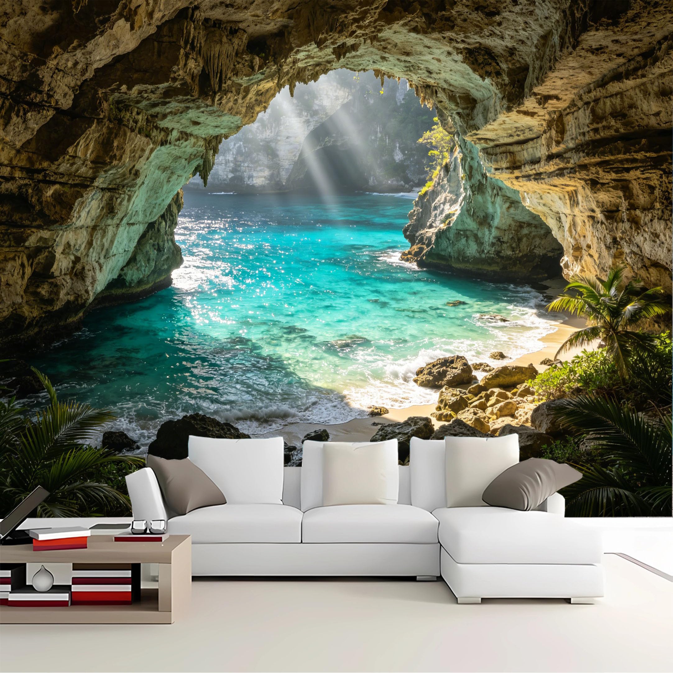 Custom Size Wall Mural Cave View Turquoise Ocean Removable Self Adhesive Peel and Stick Wallpaper for Bedroom Living Room Dining Room