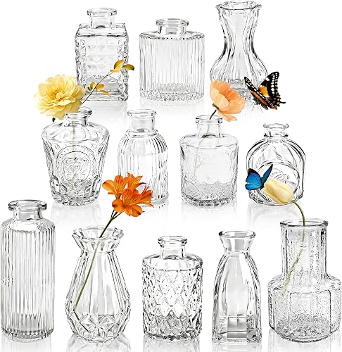12pcs Glass Bud Vases, Clear Vases for Wedding Centerpieces Decor | Modern fluted design, secure protective packaging, thick sturdy glass, easy to clean, wedding table centerpiece home decor