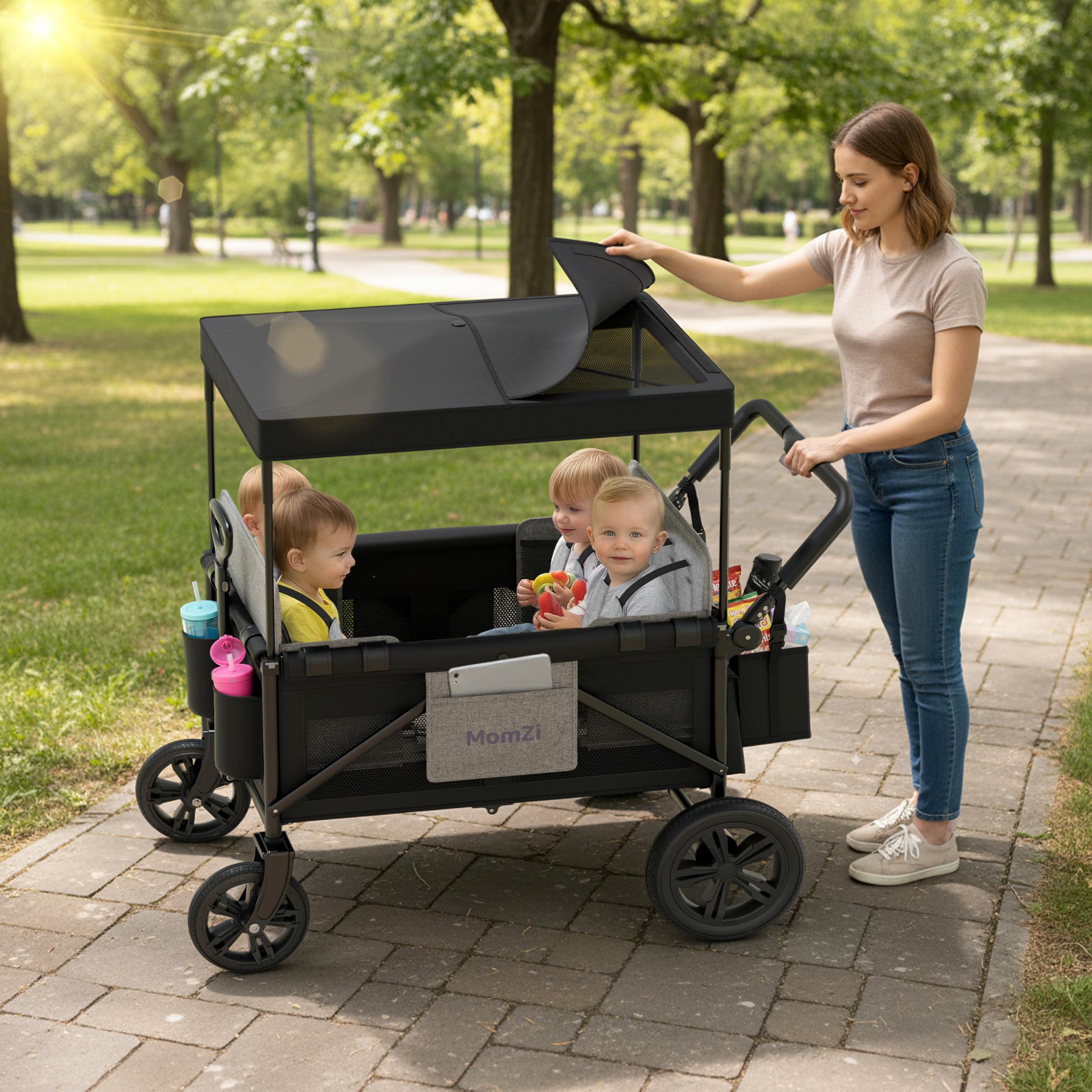 Condition photo showing New/Like New for 4 seater wagon stroller for kids, collapsible wagon stroller with removable canopy, foldable stroller wagon with seat and storage pocket for baby toddlers black