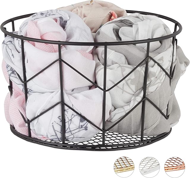 Relaxdays Wire Mesh Basket, Round Vintage Fruit Bowl, Decorative, Metal, 21.5 cm, Black, 13 x 21.5 x 21.5cm