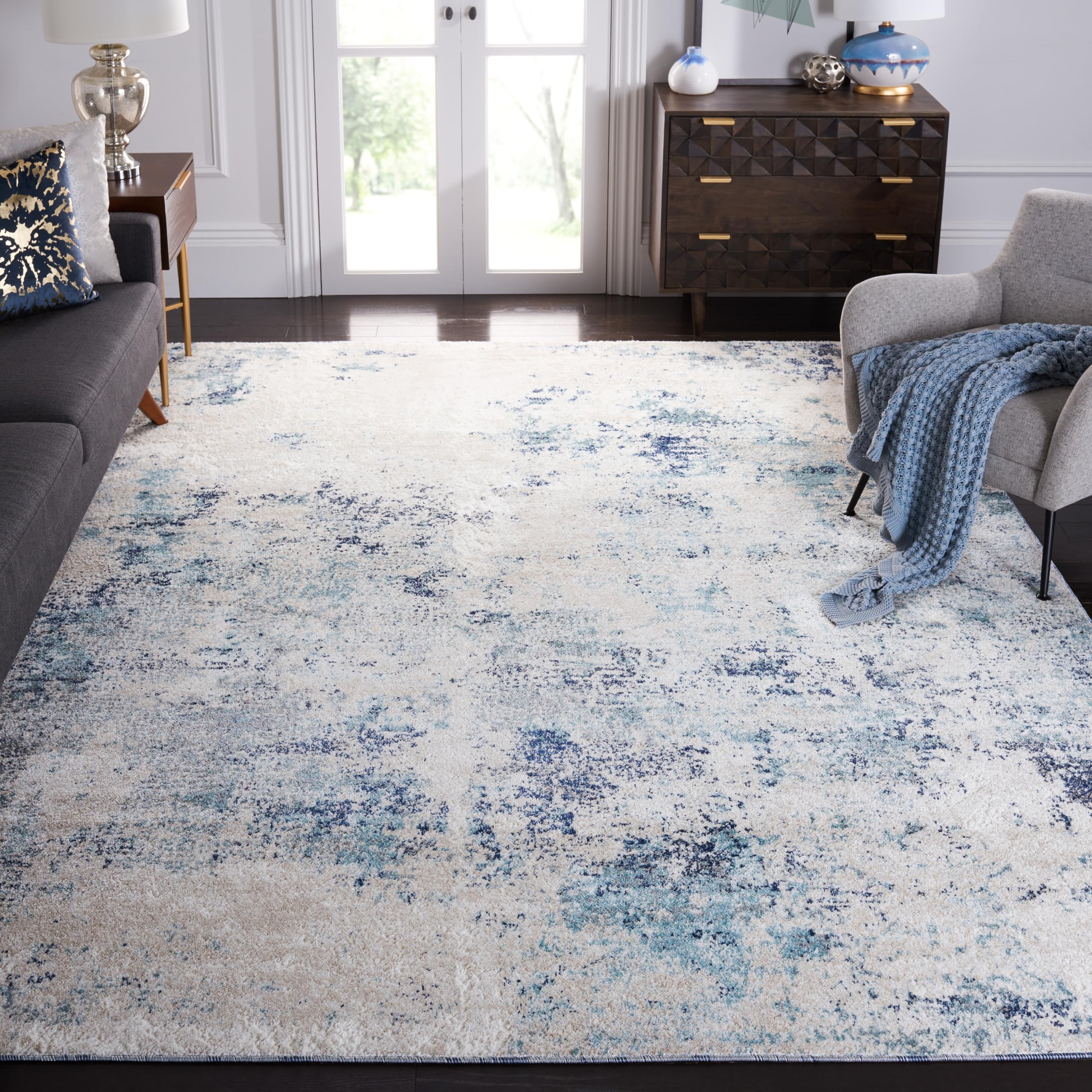 SAFAVIEH Area Rug 8x10 - Aston Collection - Large - Ivory & Blue, Modern Abstract Design, Non-Shedding & Easy Cleaning, Ideal for Living Room, Bedroom