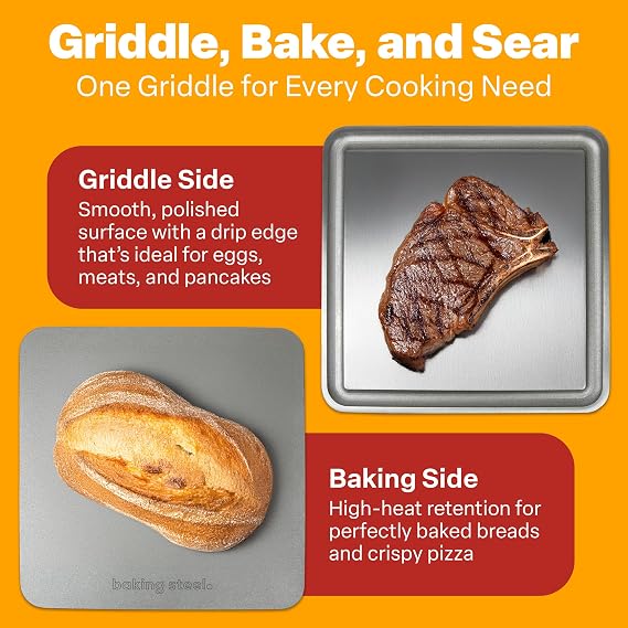 Baking Steel Mini Griddle (11.5x11.5x3/8) - Flat Top Griddle for Stovetope, Grill, and Oven Use - Pre-Seasoned, Naturally Non-Stick Surface & Crack-Proof