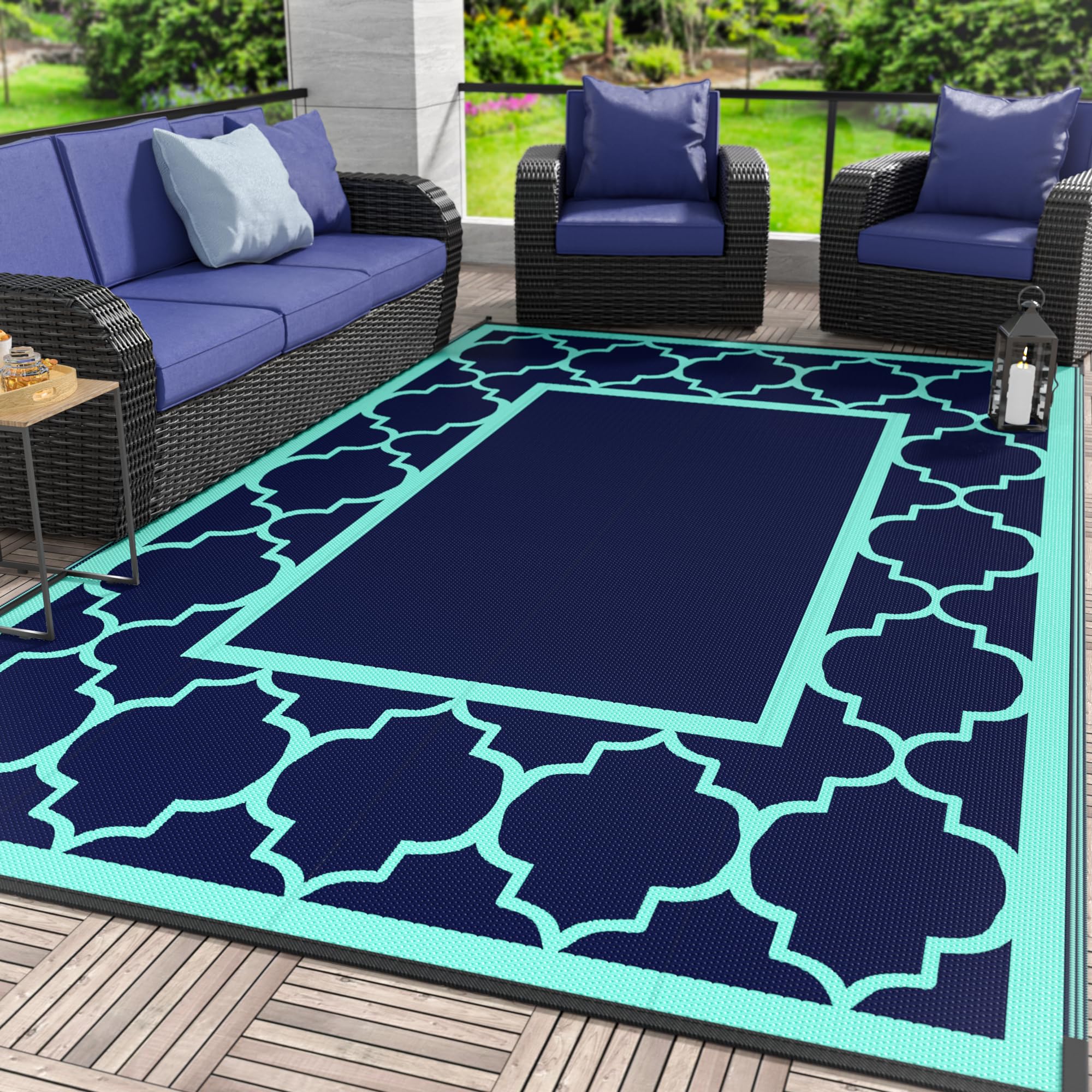 GENIMO 6' x 9' Outdoor Rug Waterproof for Patio Decor, Foldable Reversible Plastic Straw Area Rugs Mat for Camper, Outside Carpet for Rv, Deck, Porch,