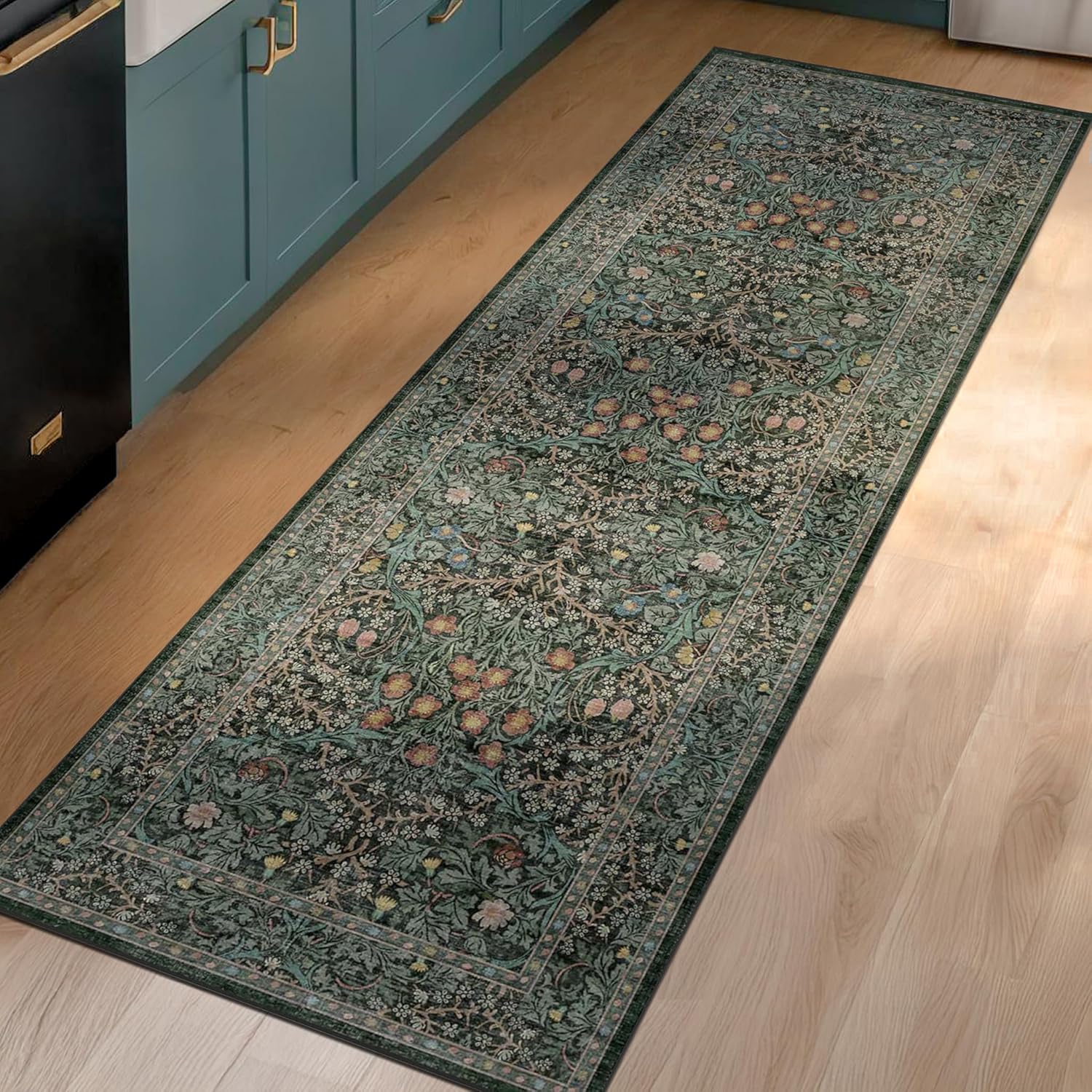 Non Slip 2x6 Kitchen Runner Rug Washable, Rubber Backed Hallway Runner Rugs, Boho Vintage Floral Botanical Dark Green Non Skid Carpet for Entryway, Bathroom, Hall Way Mats for Floor - Image 8