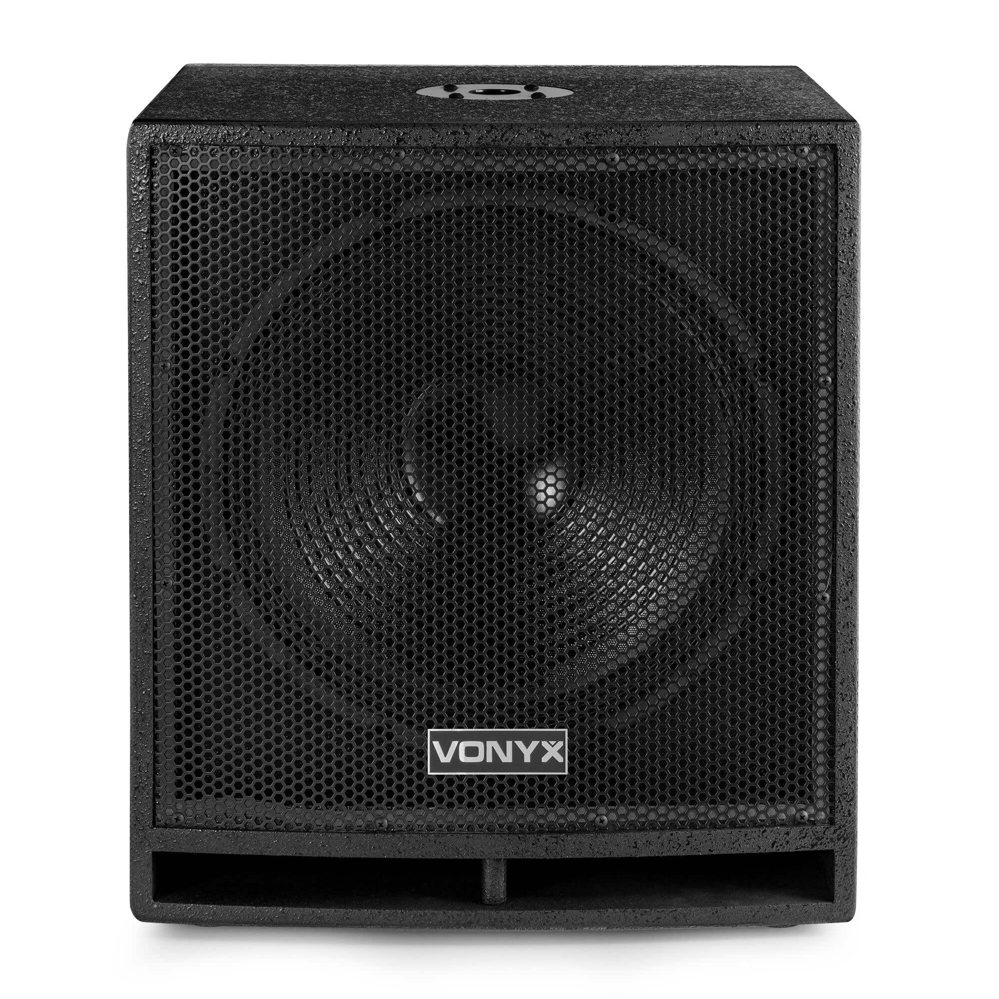 VONYX SWP15 Caisson de Basse Actif 800W, Phase Réglable, Entrée/Sortie XLR + RCA, Amplificateur Intégré, Insert sur la Face Supérieure pour Enceinte Active, Grave 15", Idéal pour DJ Mobile