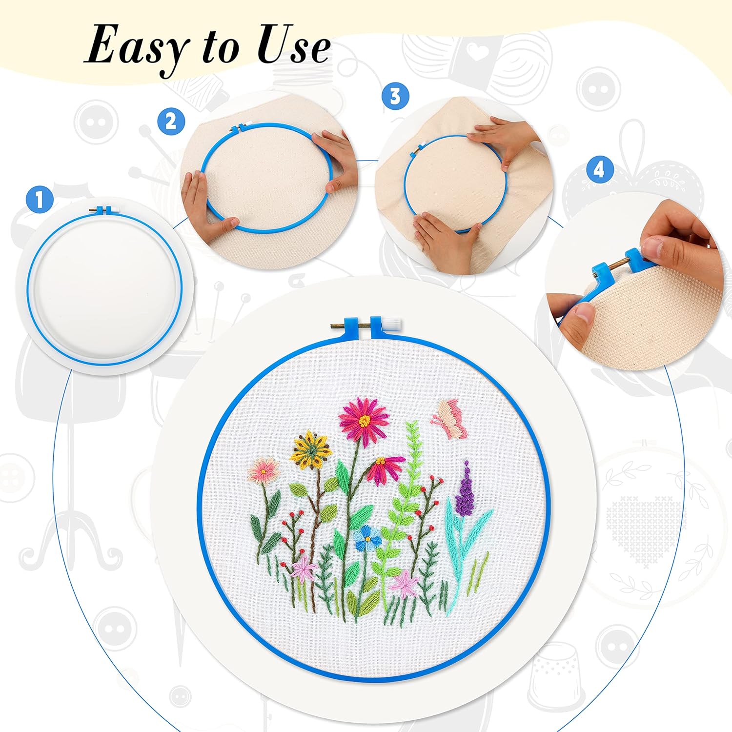 Pllieay 6 Pieces Plastic Embroidery Hoops Set and 16 Pieces Needles Plastic Circle Cross Stitch Hoop Ring 3.4 inch to 10.2 inch for Embroidery and Cross Stitch(Multicolor)