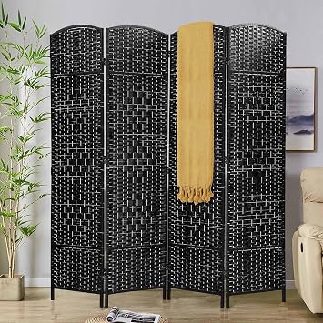 Room Divider 6 Ft Folding Wall Divider with Diamond Woven Fiber, Indoor Portable Room Partitions and Dividers for Room Separation,Rattan Room Dividers and Folding Privacy Screens,Black(4 Panel)