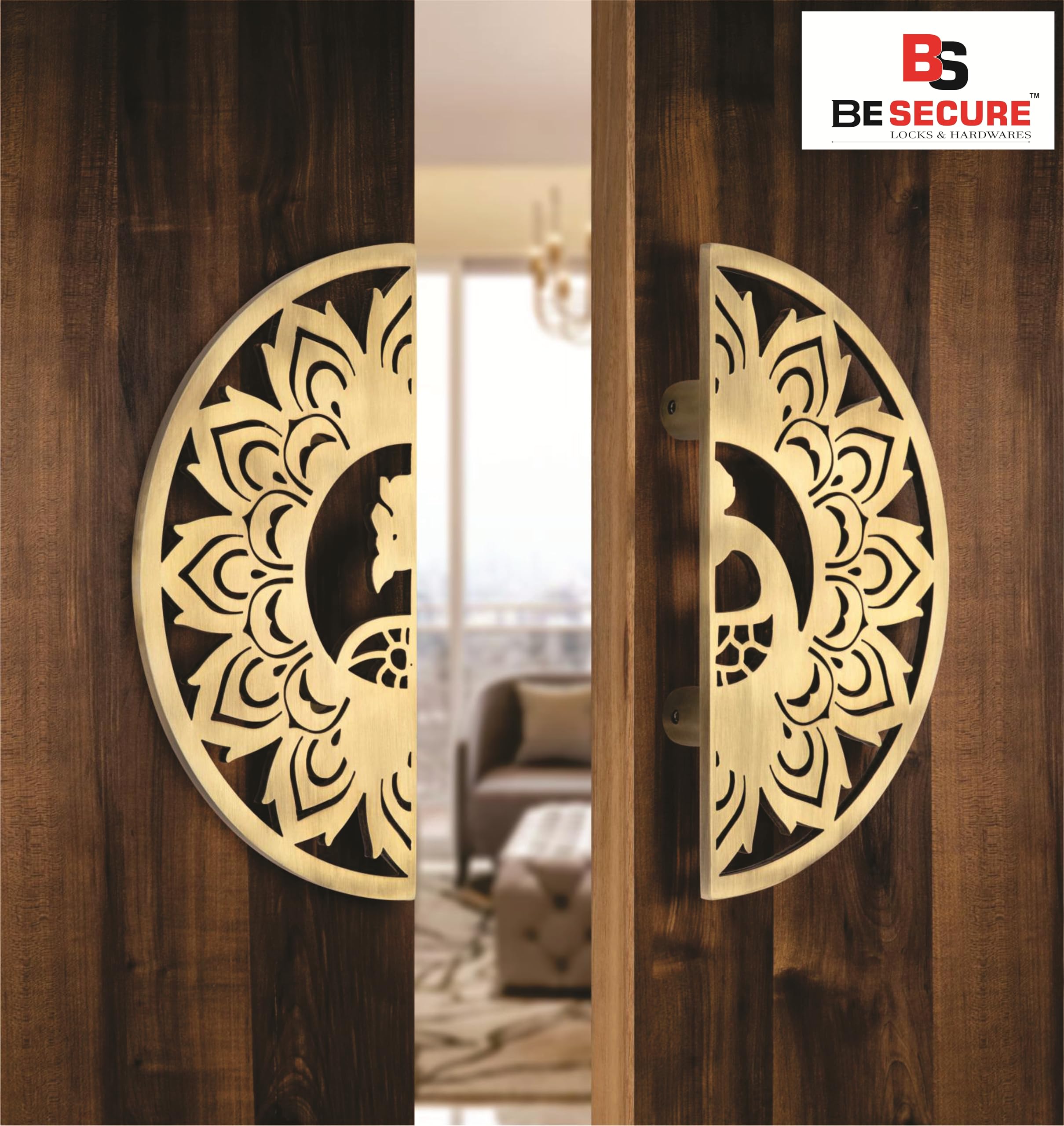 BE SECURE Stainless Steel 304 Main Door Handle | Door Handles for Main Door | Pull Handles for All The Doors of House | Office | Hotels | BSDH- Peacock (Pack of 1 Pair, Brass Antique Finish) 1