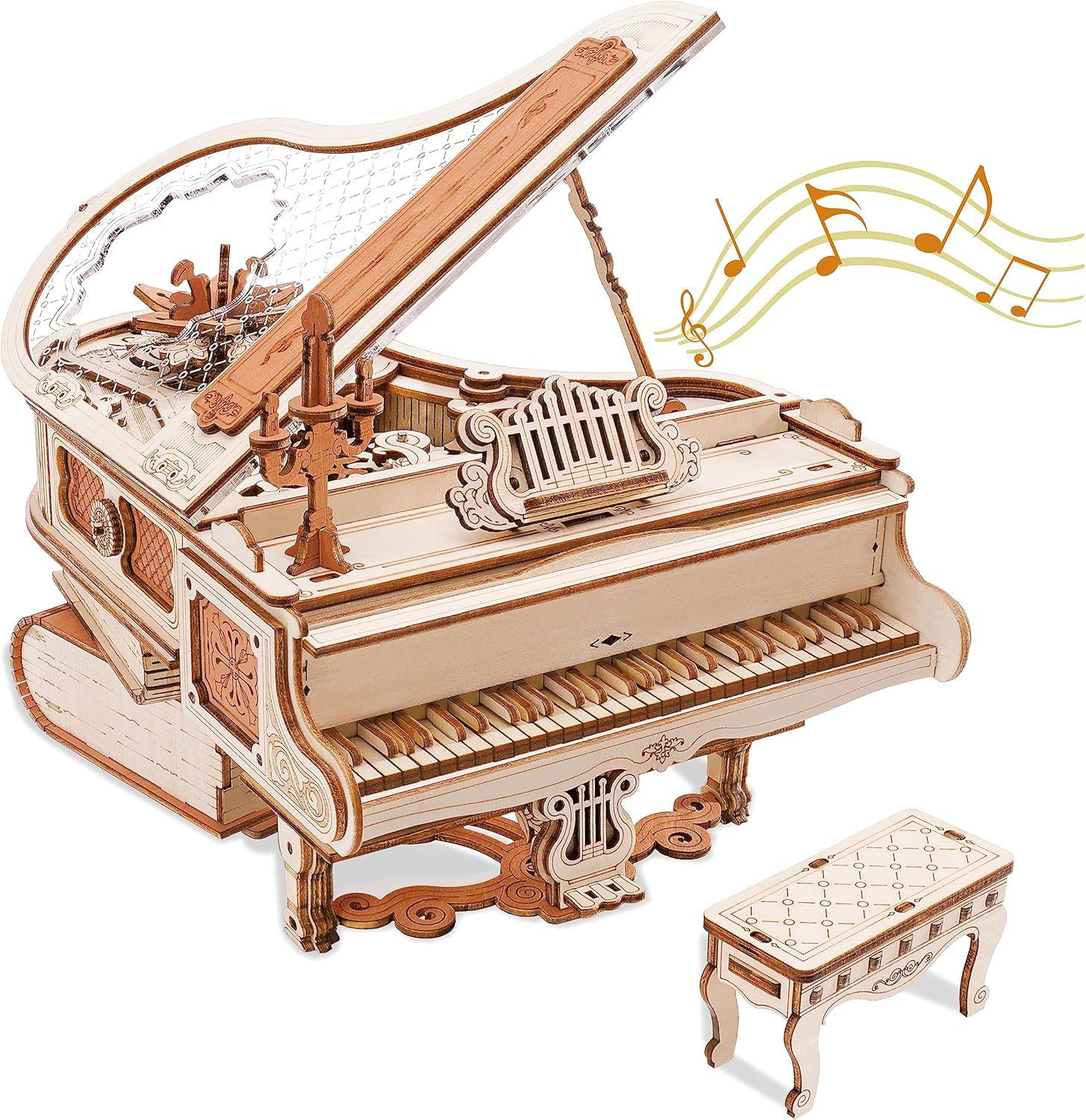 Contents of the ROBOTIME Magic Piano 3D Wooden Puzzle Music Box kit, including wooden sheets, tools, and instructions