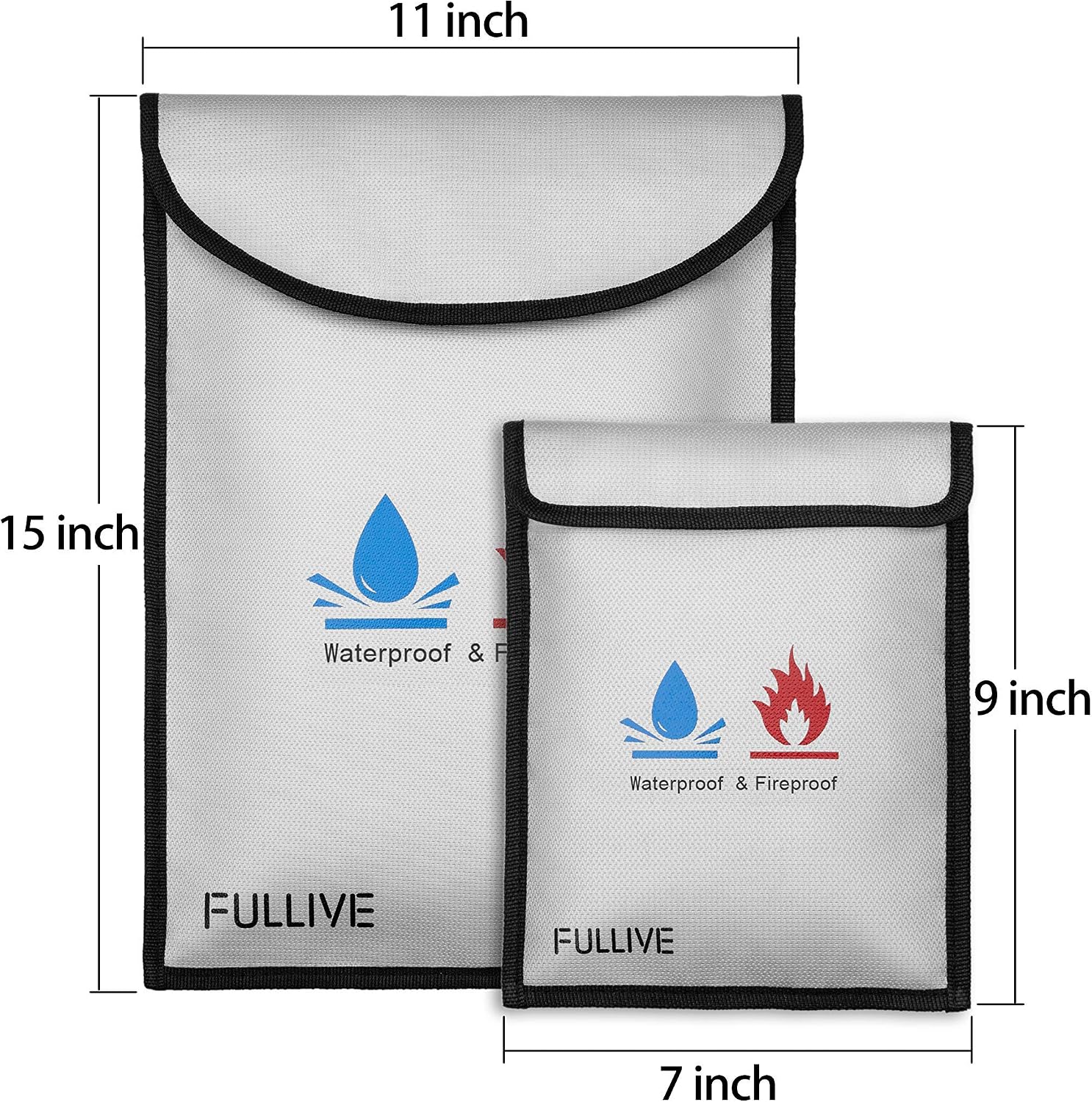 Fireproof Document Bag - 15"X11" Fireproof Safe Bag, 7"x9" Money Pouch Envelope, Non-Itchy Silicone Coated File Storage, Waterproof Document Holder, Money Bag with Zipper