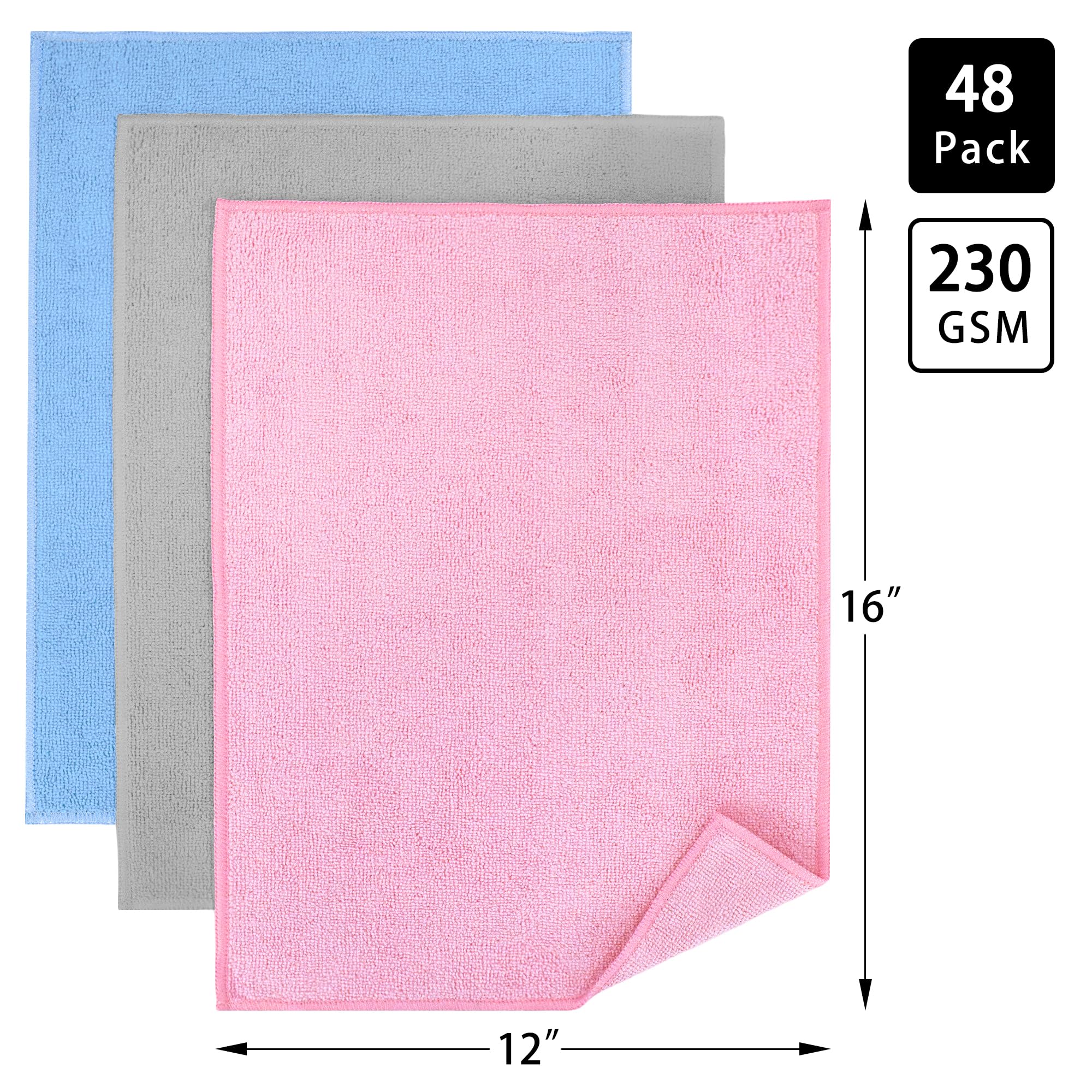 LIVOS Mikrofaser-Reinigungstücher, streifenfrei, ultra-saugfähig, fusselfrei, für Auto, Haus, Küche, Rosa/Blau/Grau, 30,5 x 40,6 cm, 48 Stück