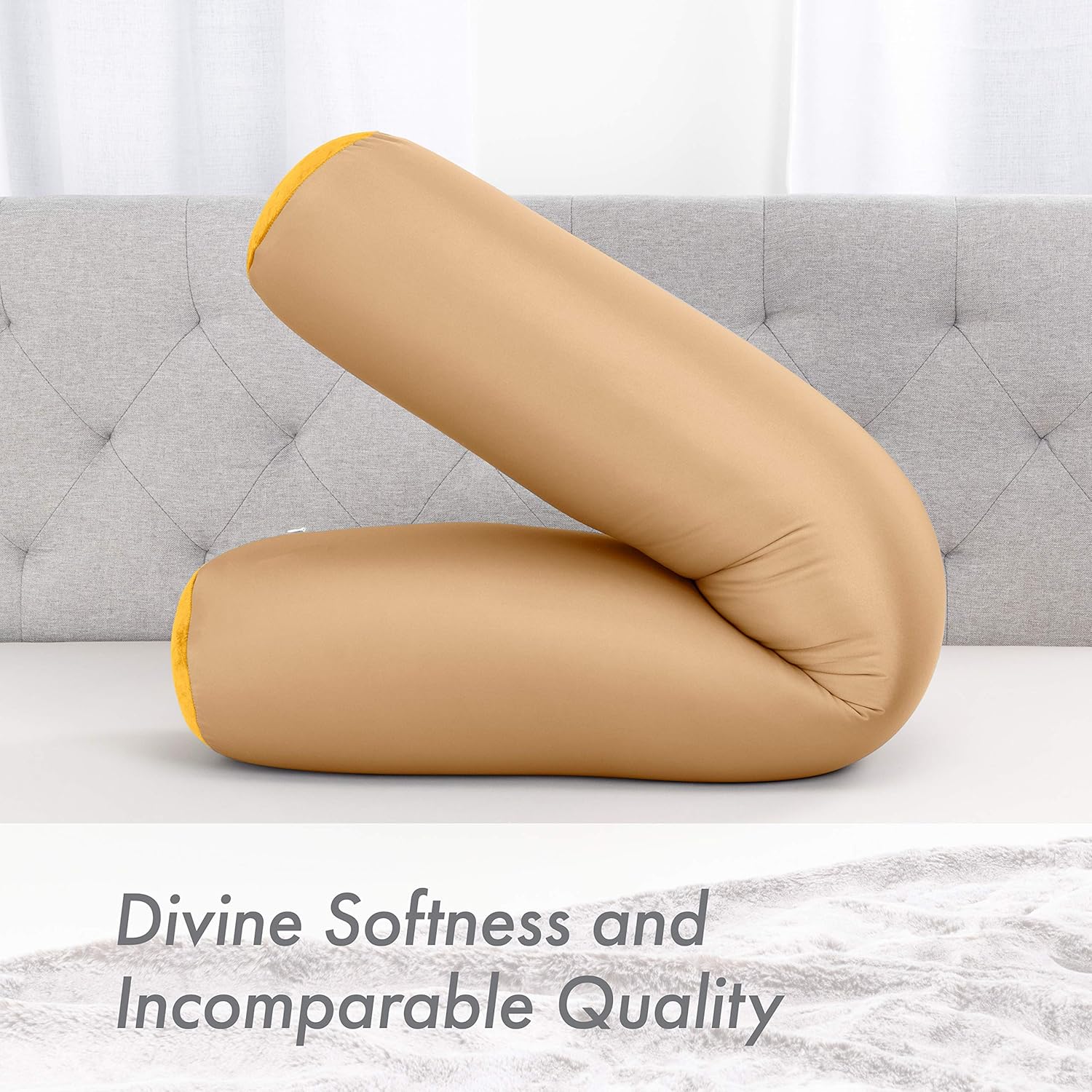 Straight Body Pillow, Full Size Premium Microbead,Side Sleeping/Maternity Pregnant Women, Supportive,Fluffy, Breathable, Cooling, 85/15 Spandex/Nylon Silky Feel Anti-Aging - 48 X 8 - Barely Beige