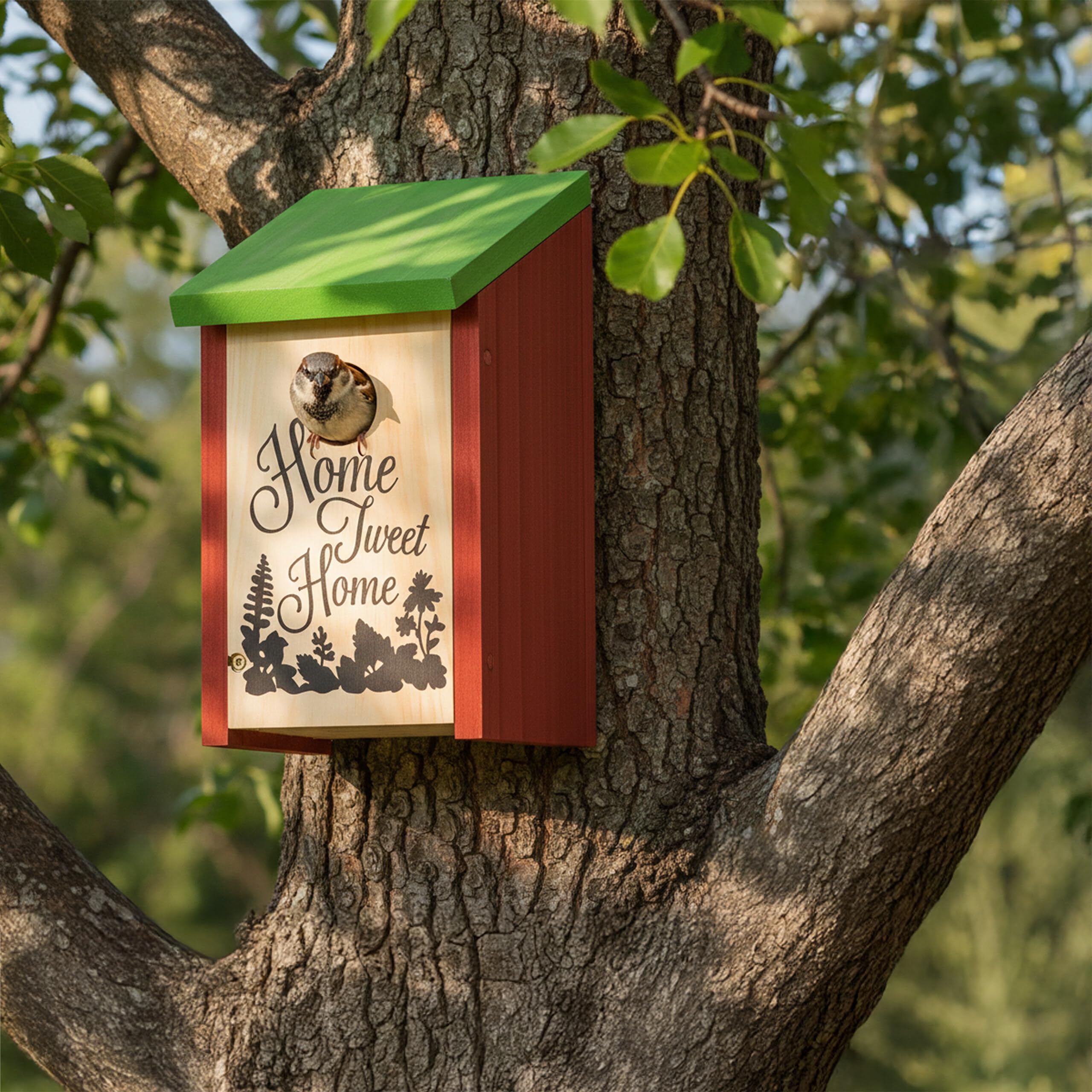 Relaxdays Nichoir à oiseaux HOME SWEET HOME pour petits oiseaux bois porte HxlxP 21,5 x 12 x 15,2 cm à suspendre, vert rouge