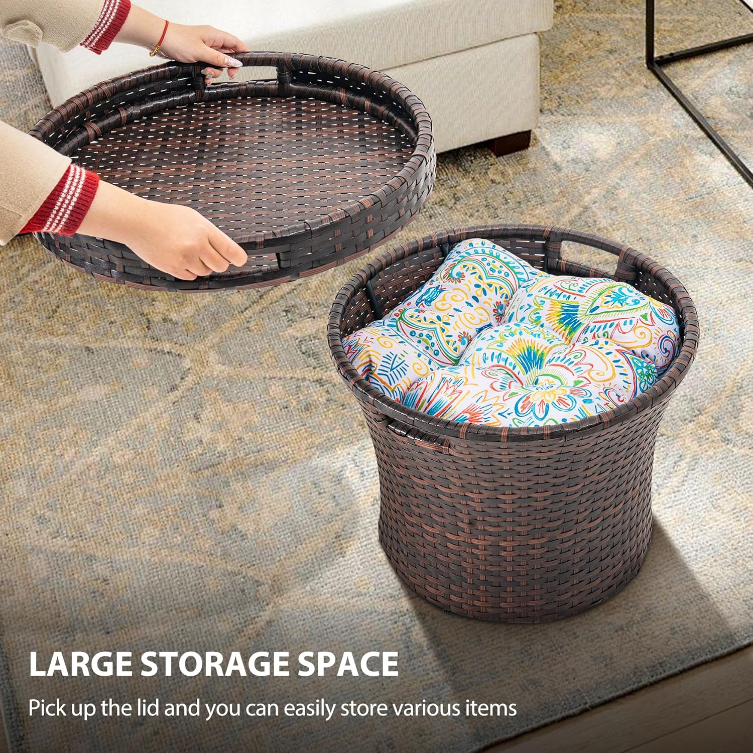 Sundale Outdoor Wicker Side Table with Storage, 20 Inch Small Patio Rattan End Table Accent Tables with Lid, Steel Frame Lightweight Brown